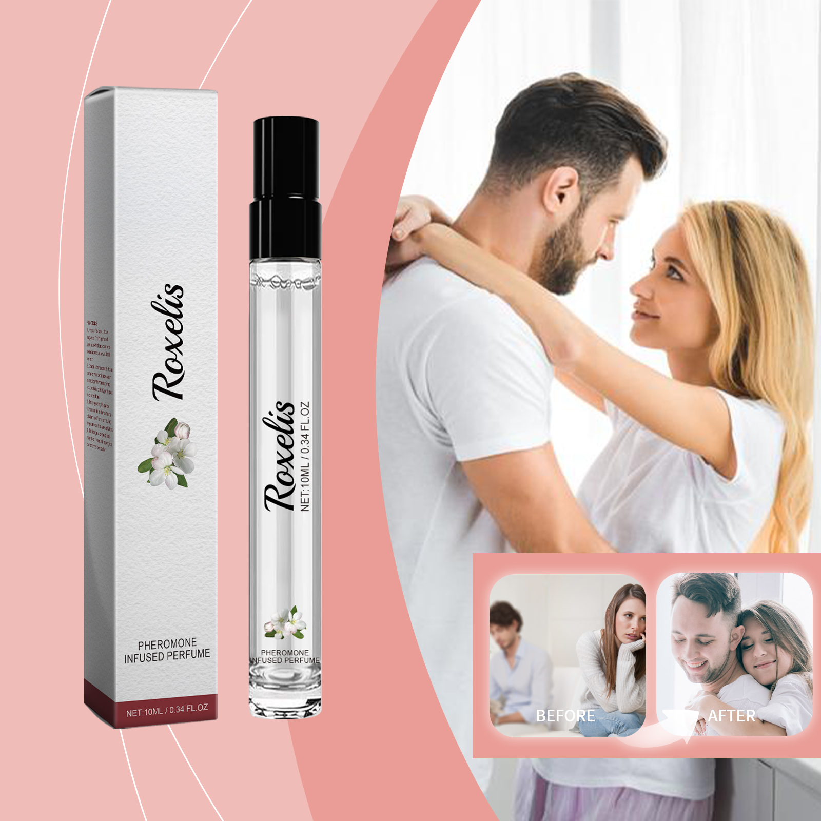 Portable Roxelis perfume shown beside a smiling couple