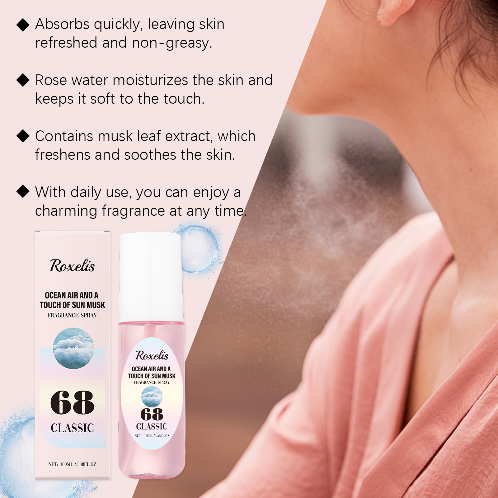 Roxelis spray bottle showing quick absorbing formula