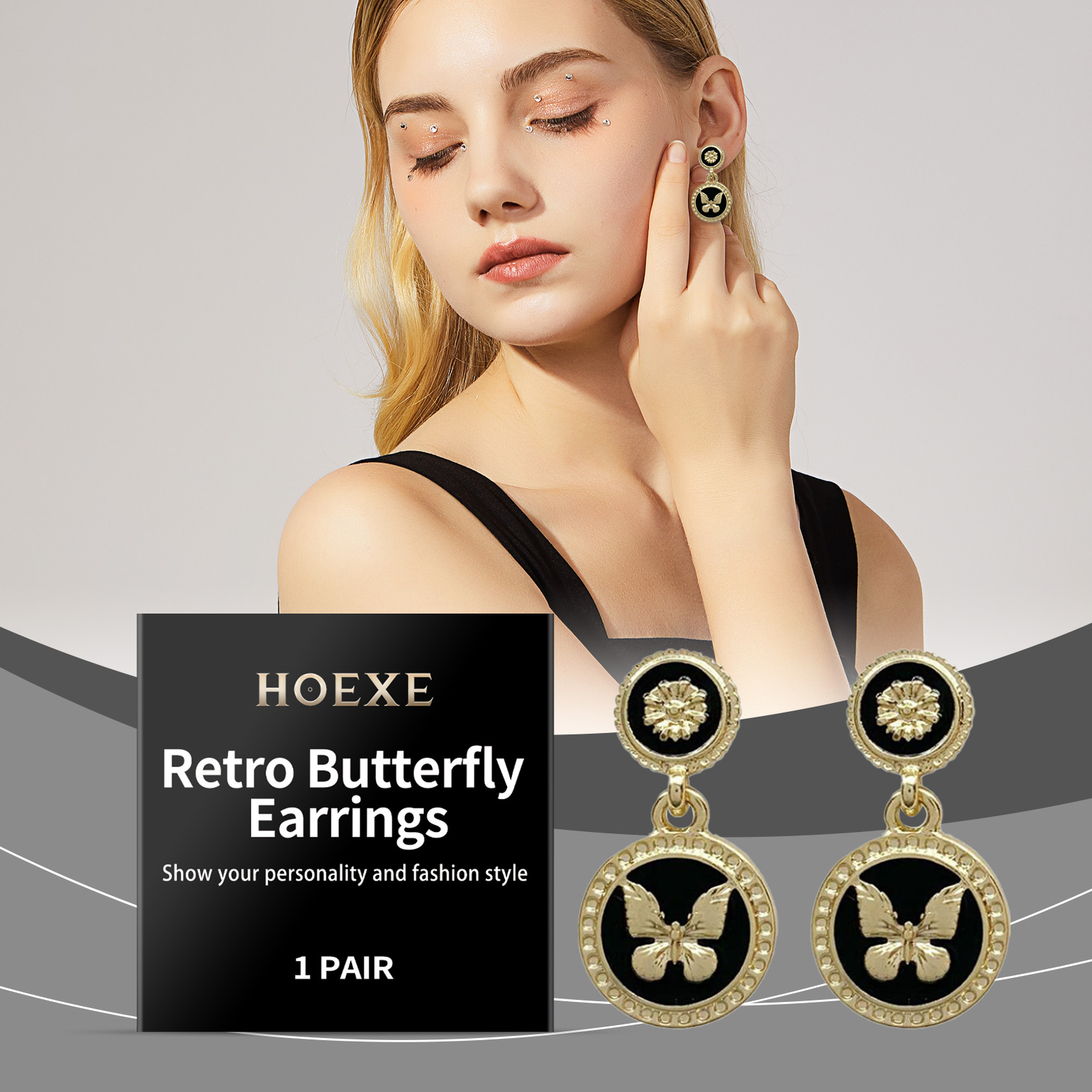 Black and gold earrings styled for an evening look