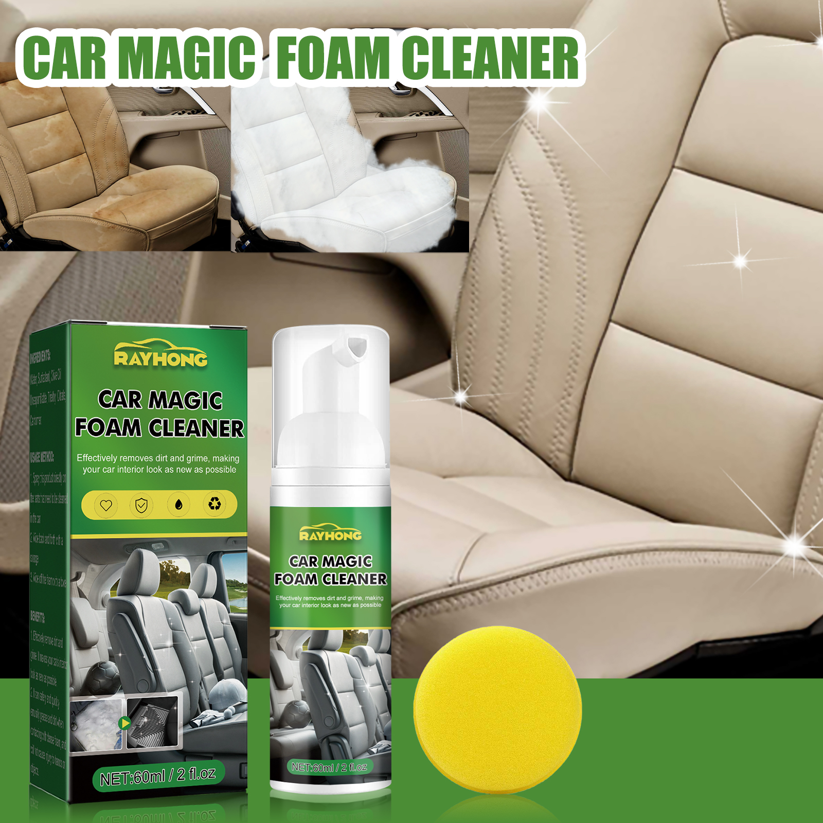 Foam cleaner and sponge beside refreshed car seat