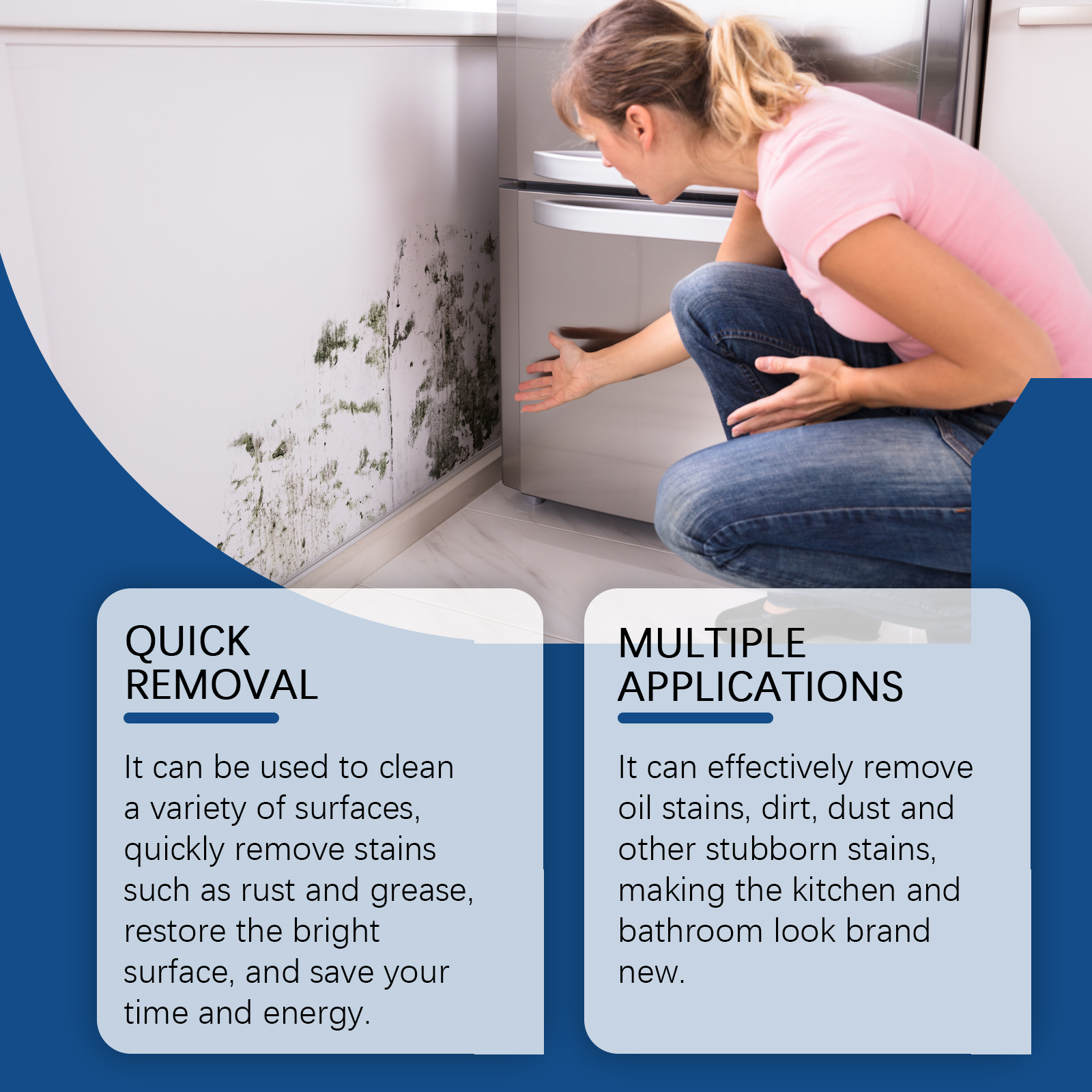 Hand spraying Jaysuing onto a moldy wall corner, stains visibly lifting as a cloth wipes
