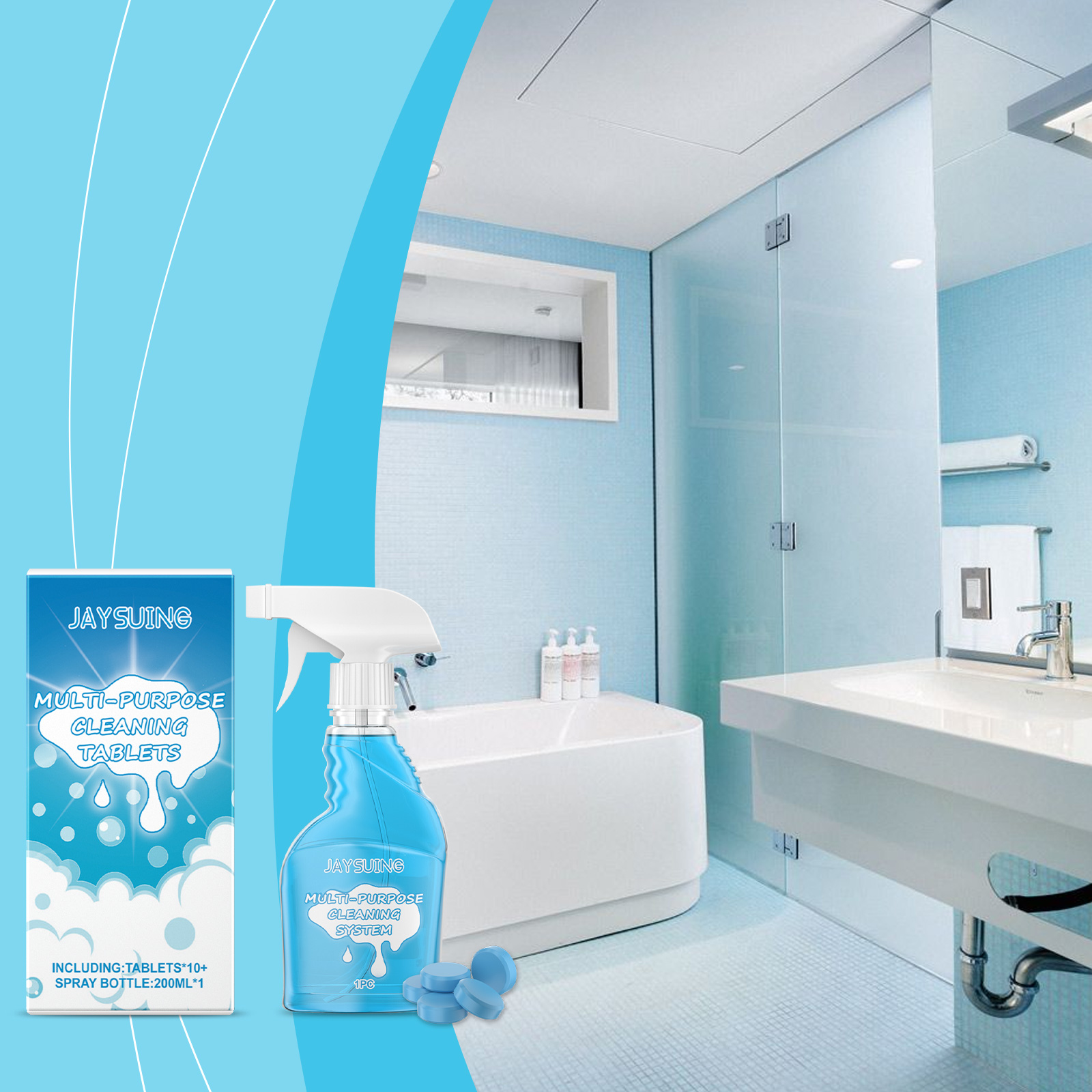 Clean modern bathroom with the Jaysuing bottle on the counter