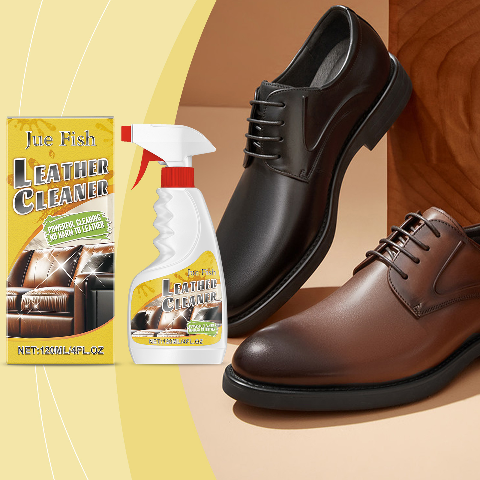 Leather cleaner bottle beside shoes ready for care
