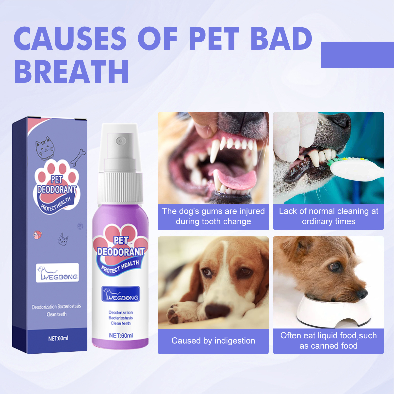 Purple pet spray and carton beside dental illustrations