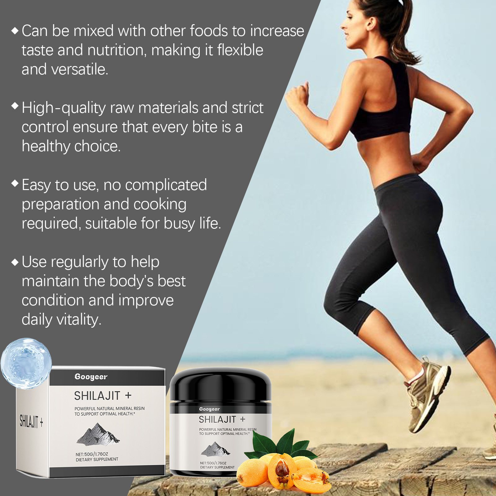 Woman running beside easy mixing supplement message