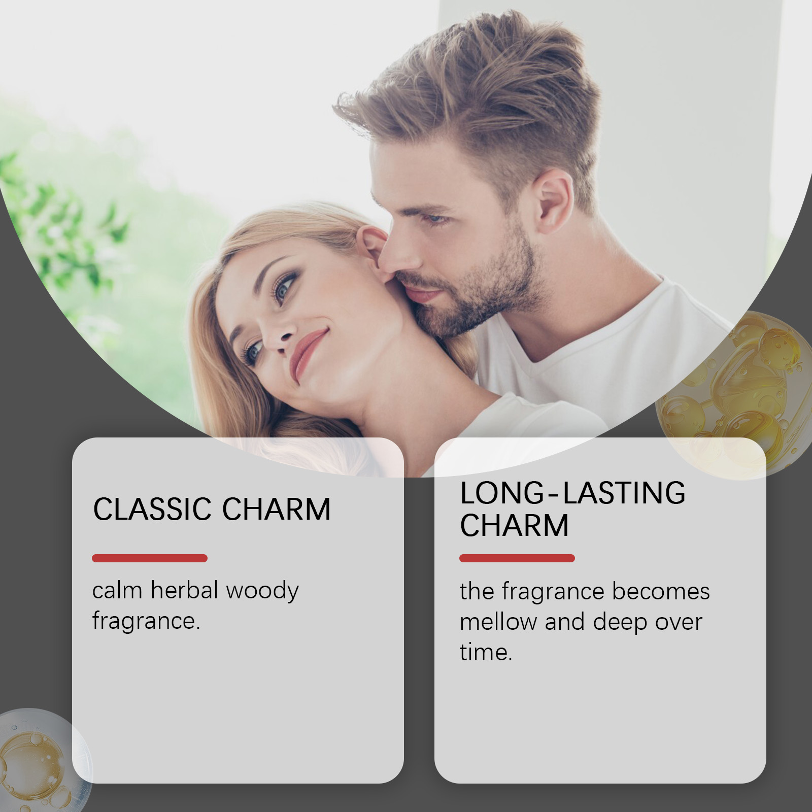 Calm herbal woody fragrance profile shown beside perfume bottle