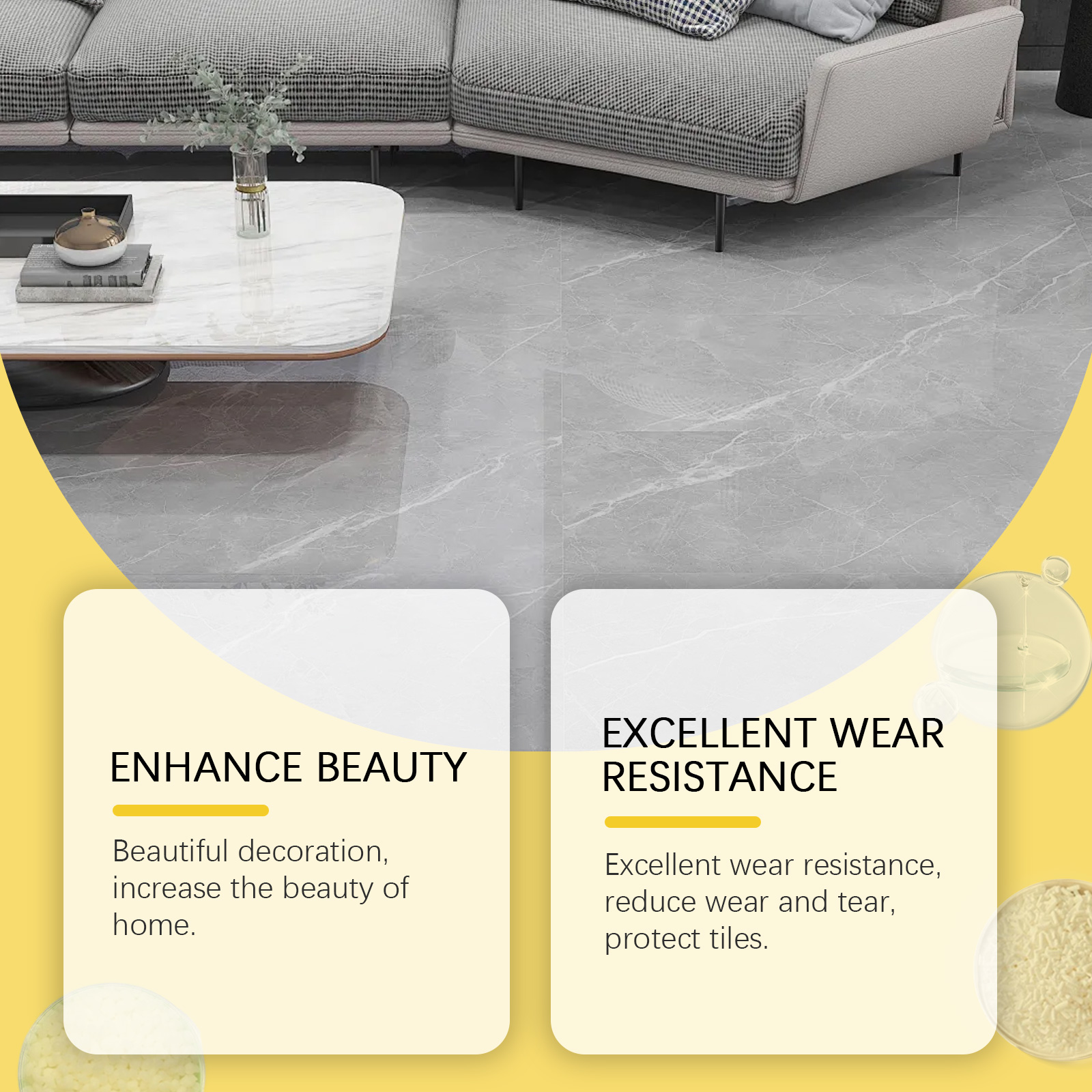 Stone-look floor shown with tile repair product presentation