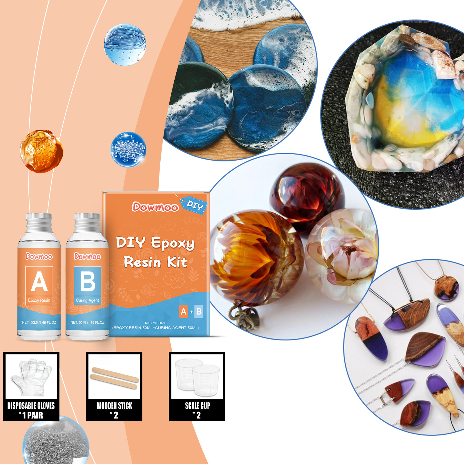 Colorful resin jewelry and decorative castings beside kit