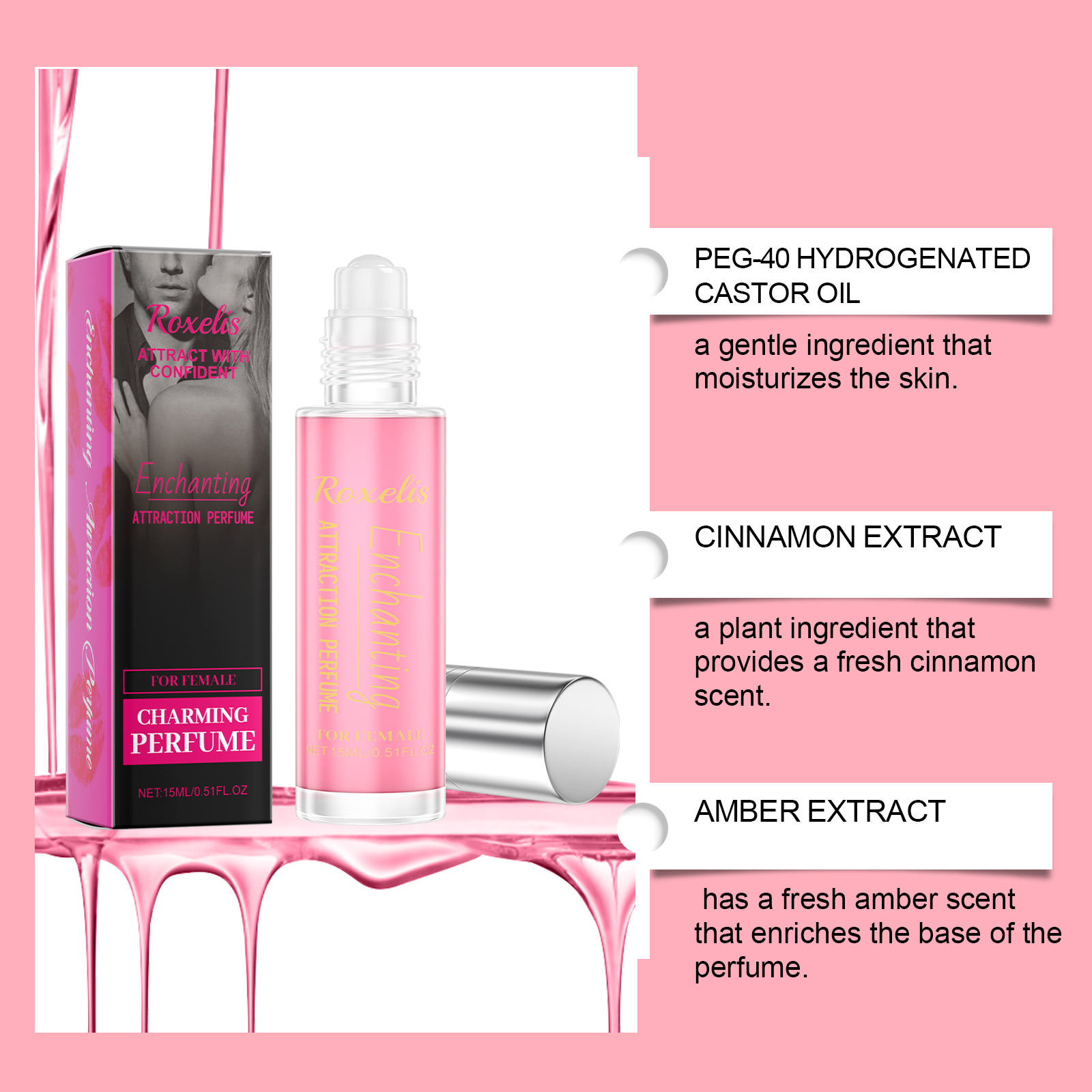 Pink perfume bottle with cinnamon and amber ingredient callouts