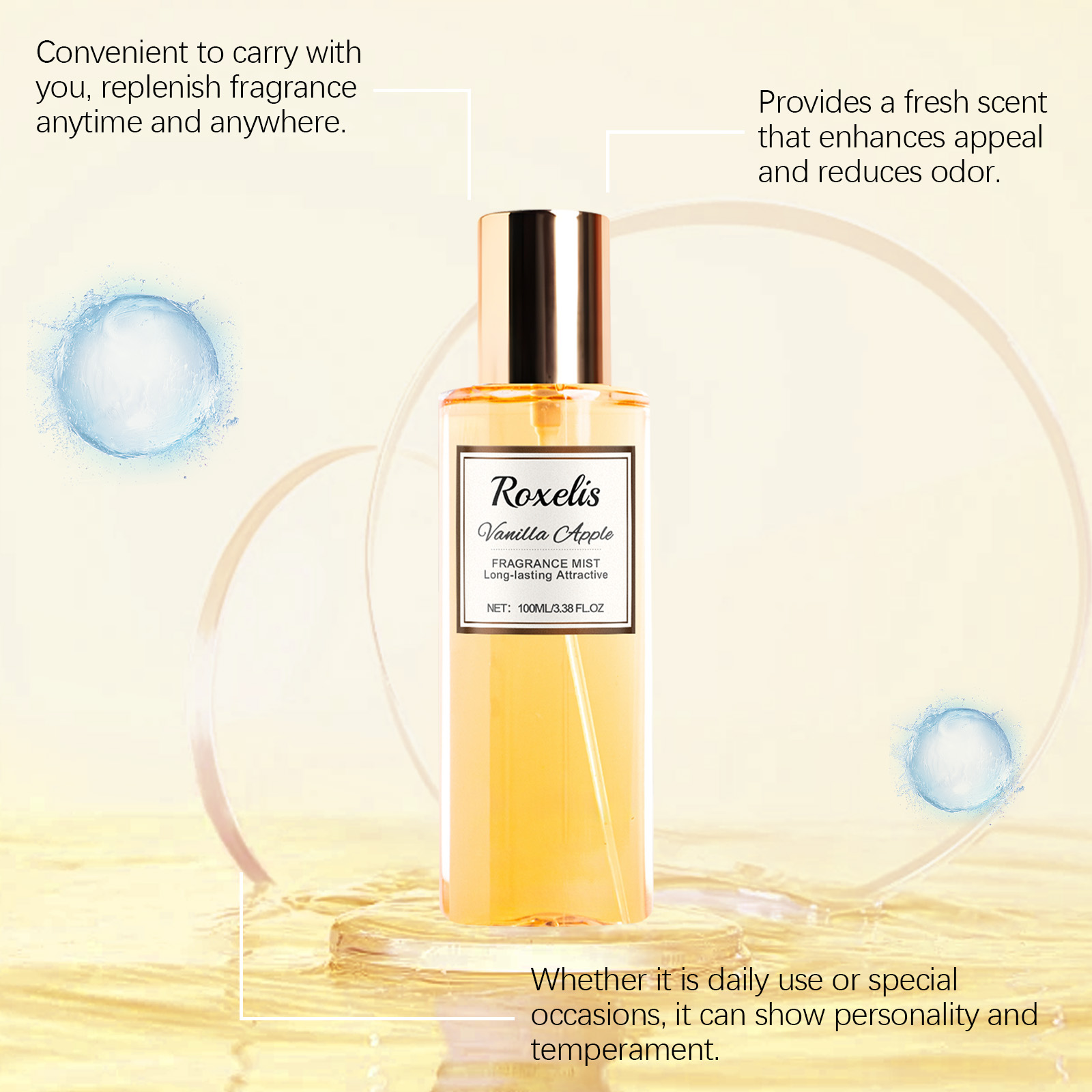Roxelis body spray shown with portability callouts