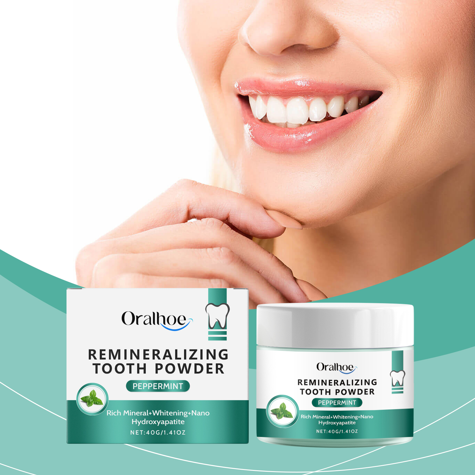 Woman smiling with Oralhoe tooth powder beside her