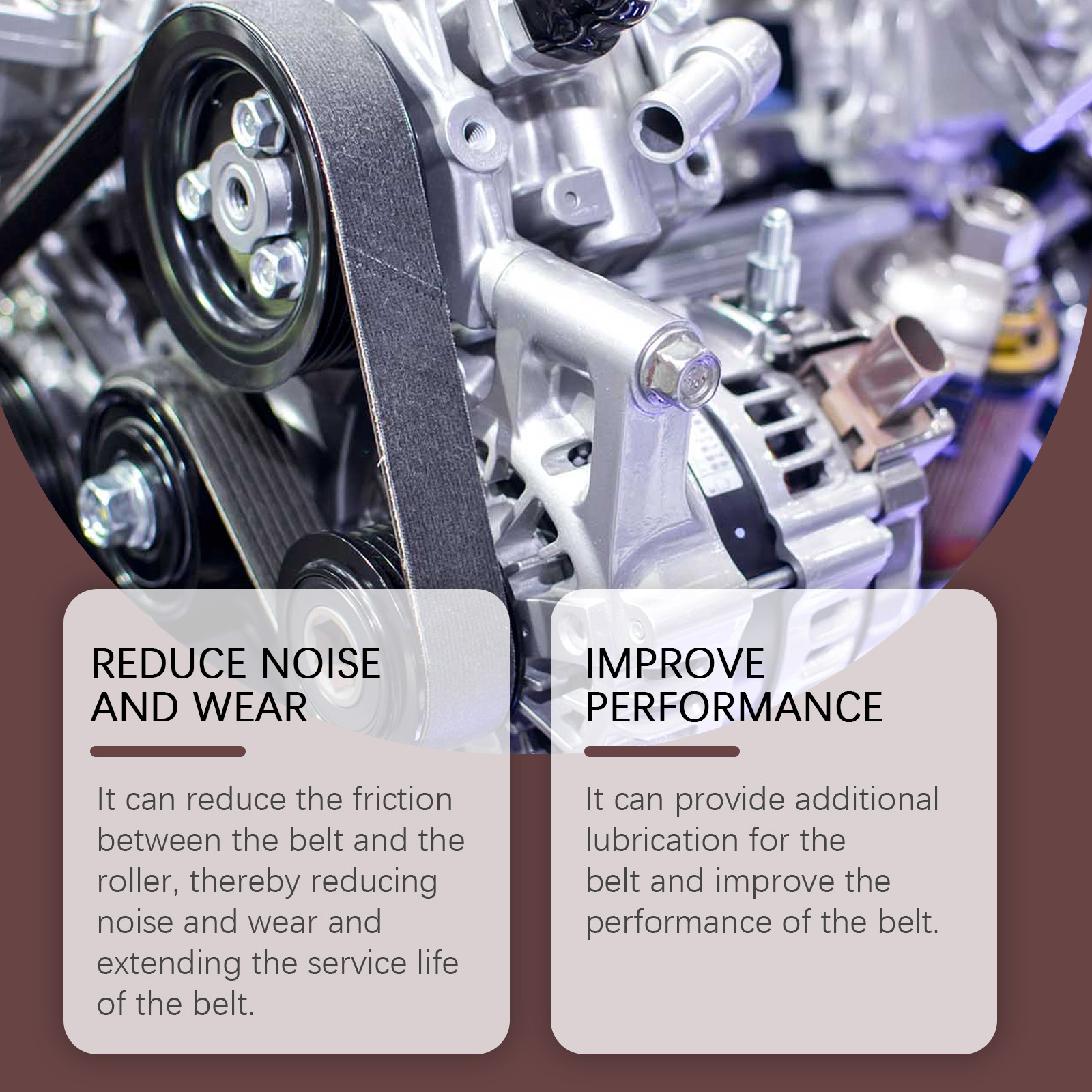 Automotive belt close-up showing wear reduction claims