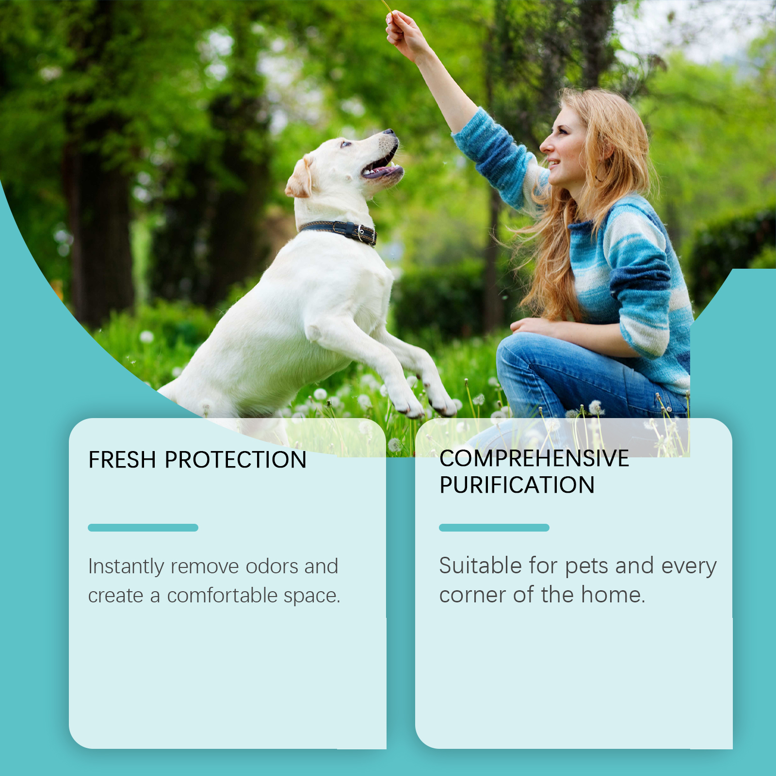 Dog owner using pet deodorizing spray outdoors