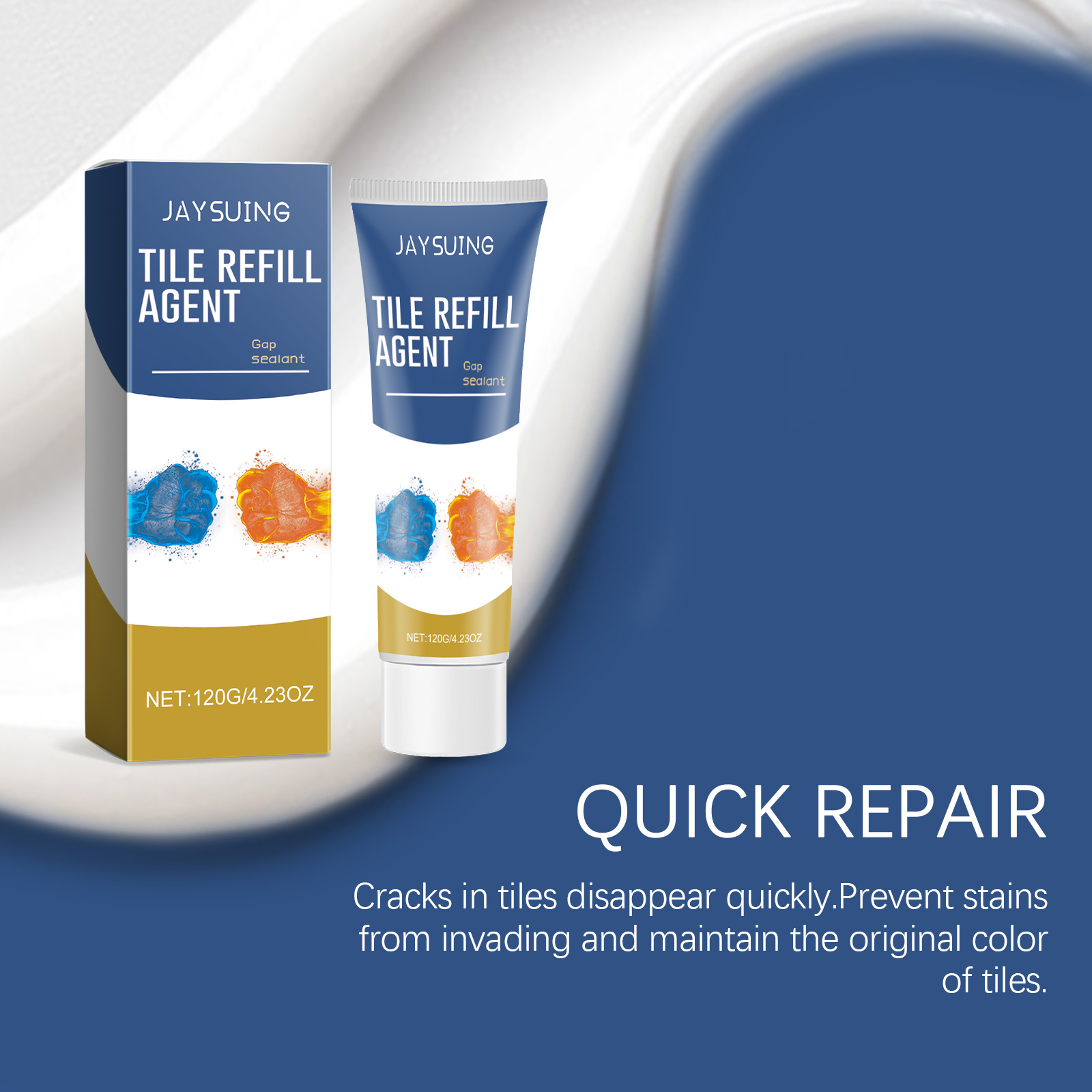 Grout repair carton beside clean blue tile
