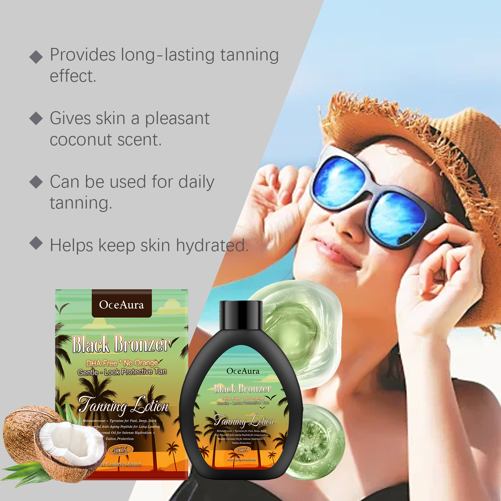 OceAura bottle showing DHA-free tanning claims