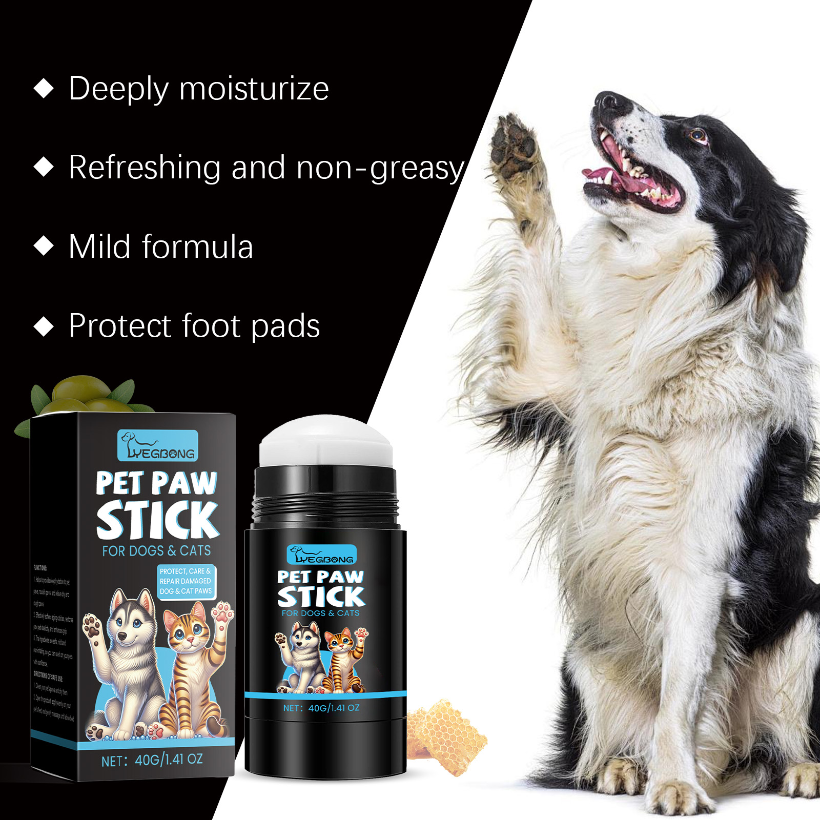 Dog beside paw balm with non-greasy formula claims