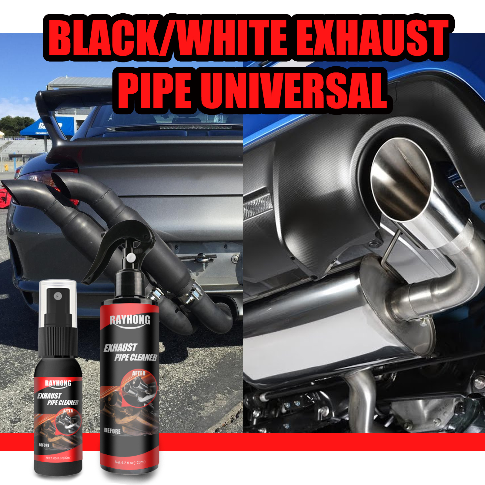 Compact exhaust cleaner kit staged beside vehicle exhaust system