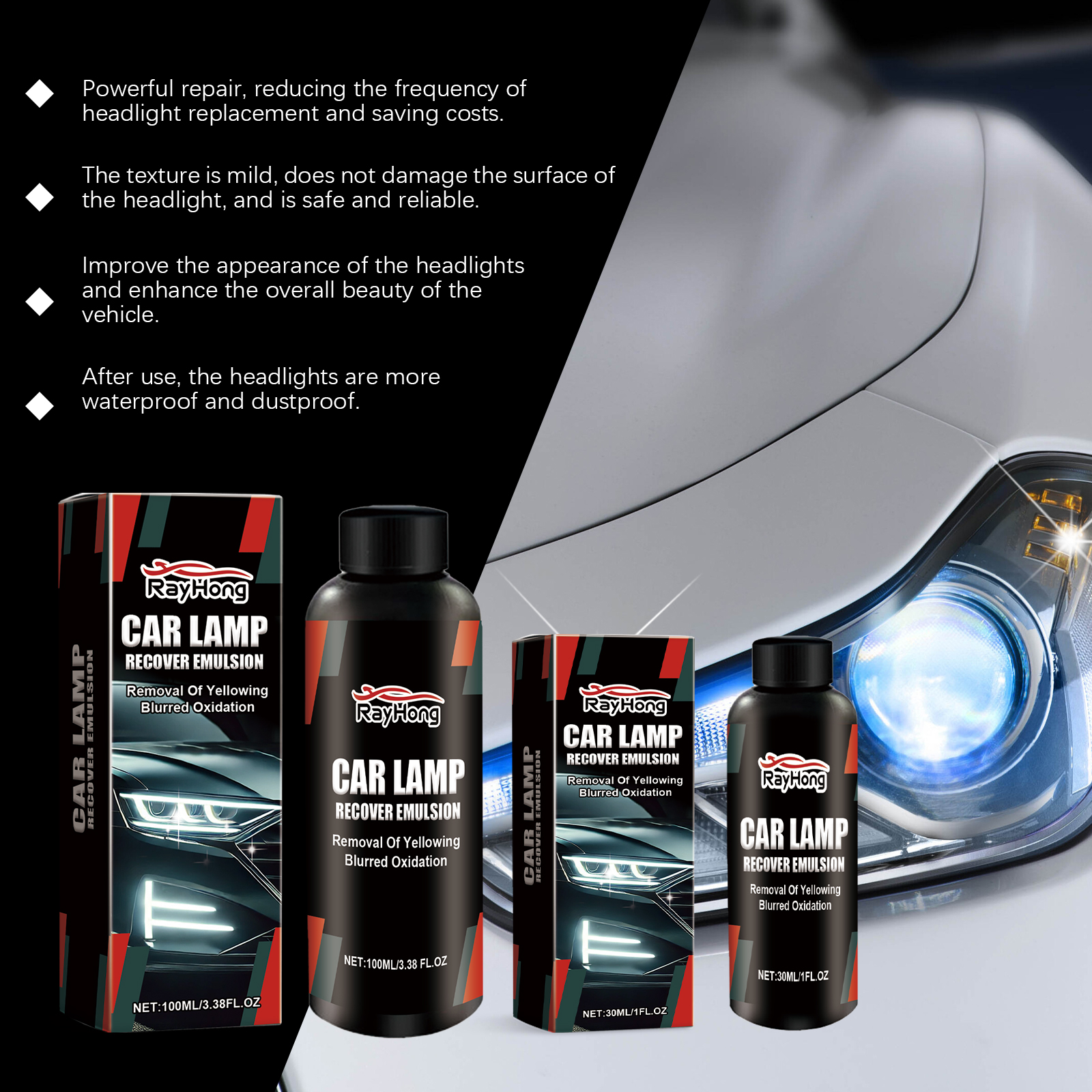 Rayhong bottle beside bright vehicle headlamp