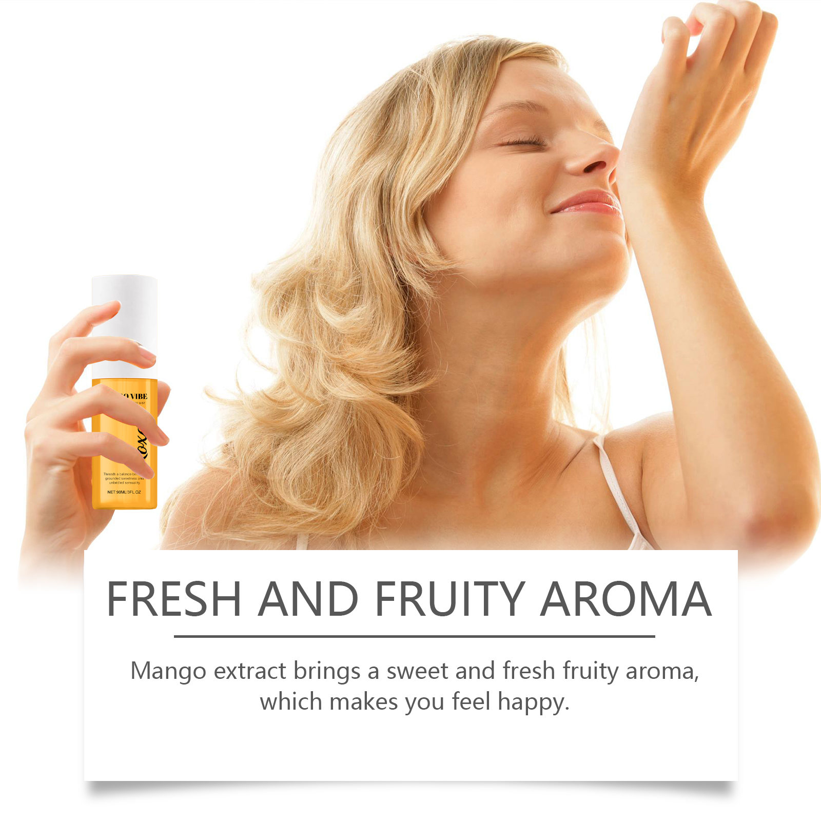 Woman spraying mango body fragrance on her wrist