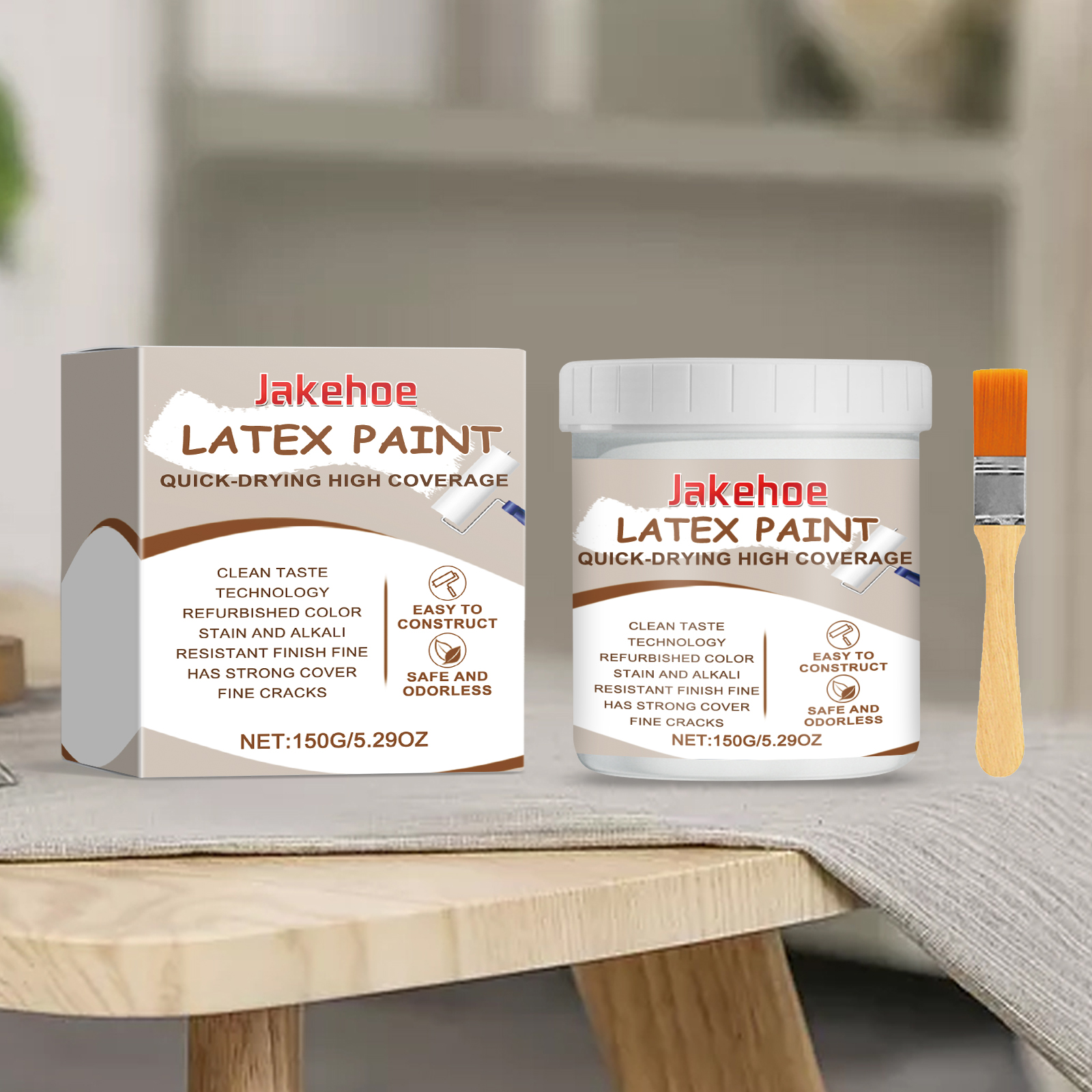 Compact latex paint kit arranged in home interior
