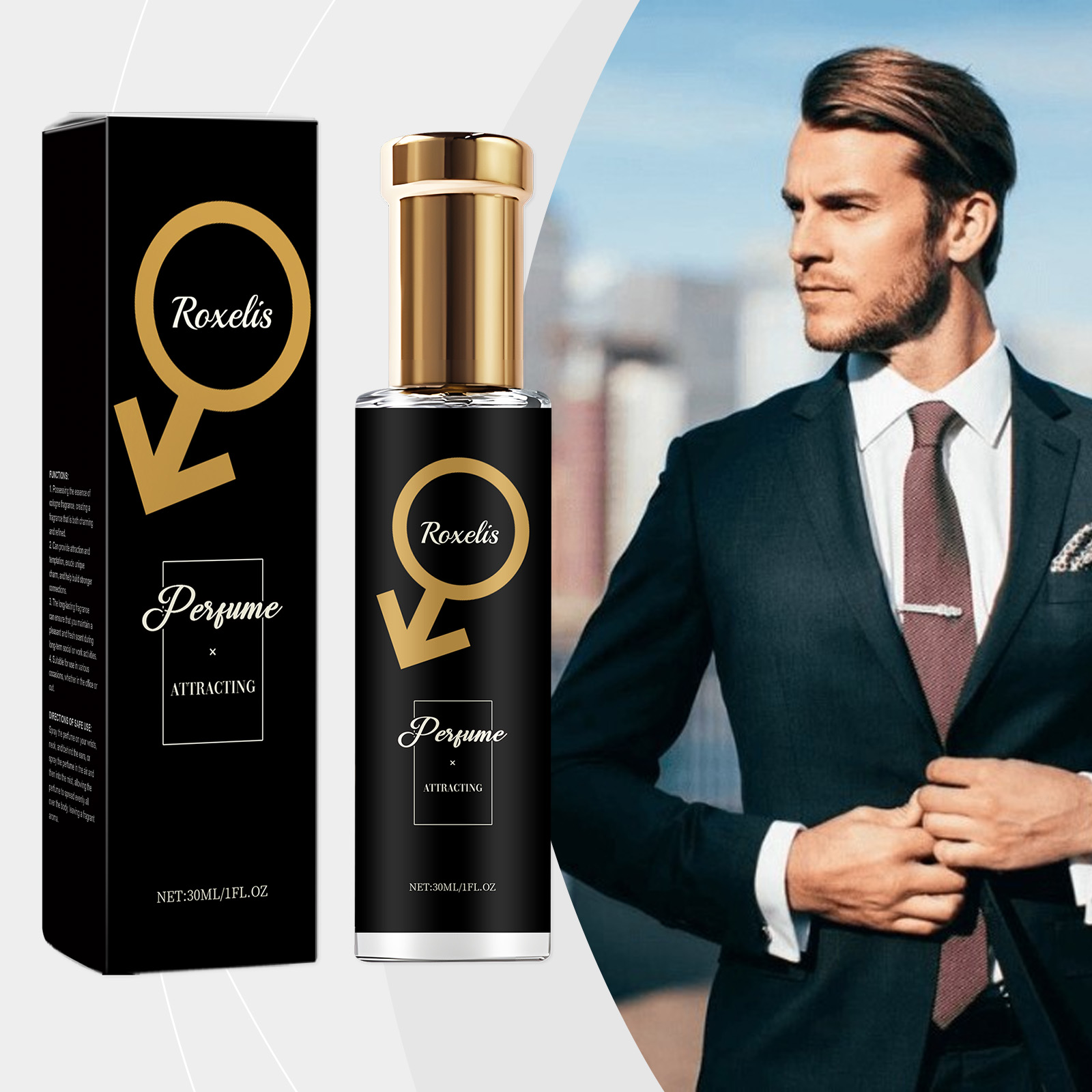 Roxelis perfume beside sharply dressed man in suit