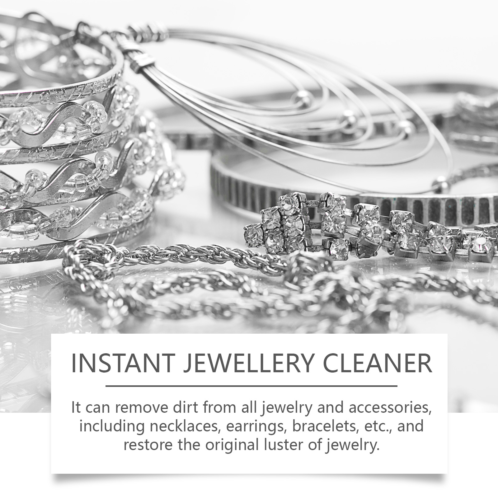 Detail of cleaner liquid and pristine jewelry showing diamonds and gold shine after treatment