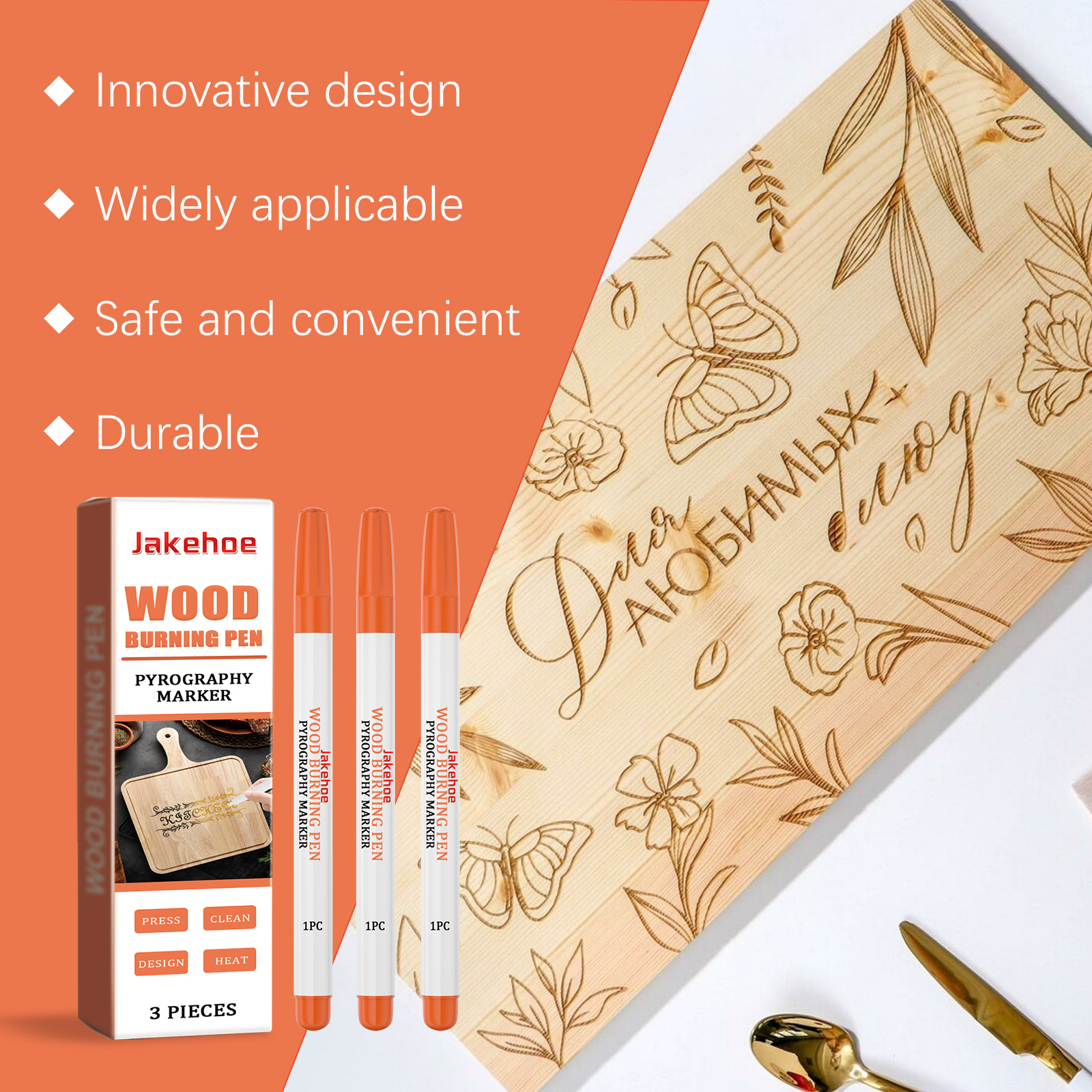 Slim white pyrography pen with bright orange cap