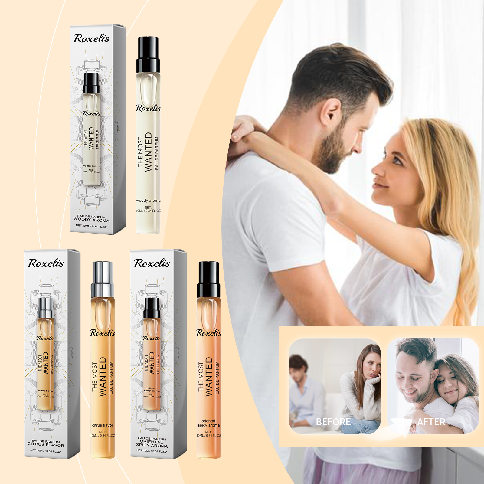 Roxelis fragrance bottle and coordinated retail presentation