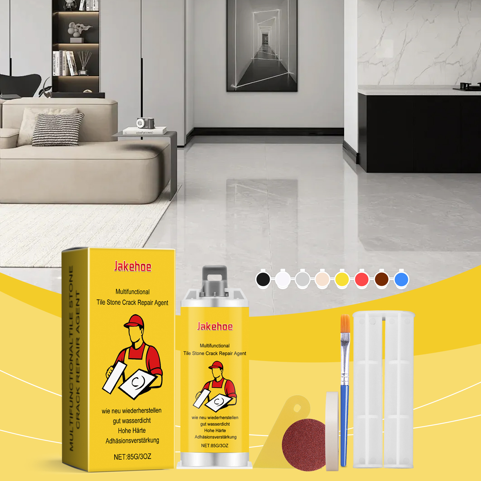 Repair kit beside polished flooring in bright living room