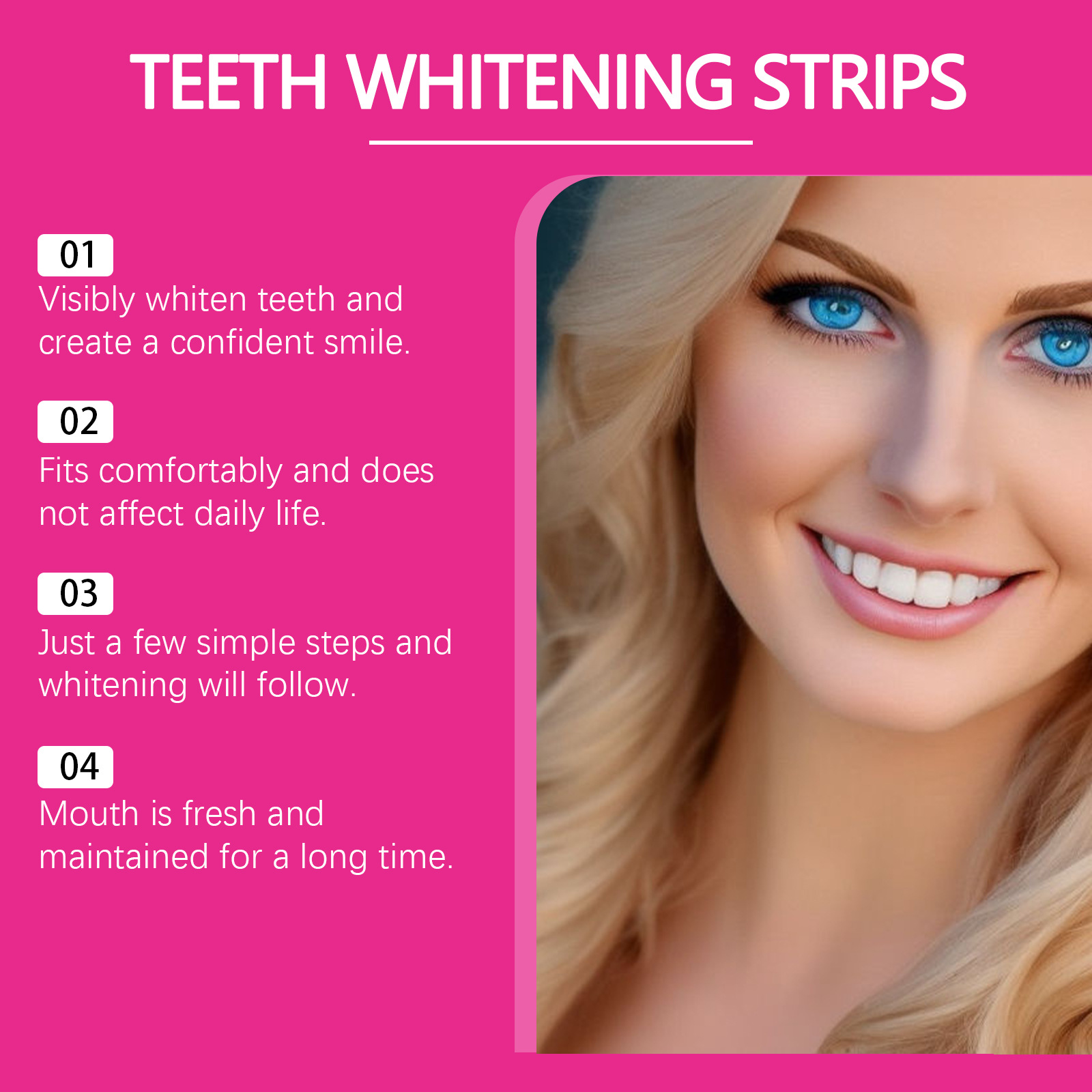 Adhesive whitening strip benefits beside a smiling model