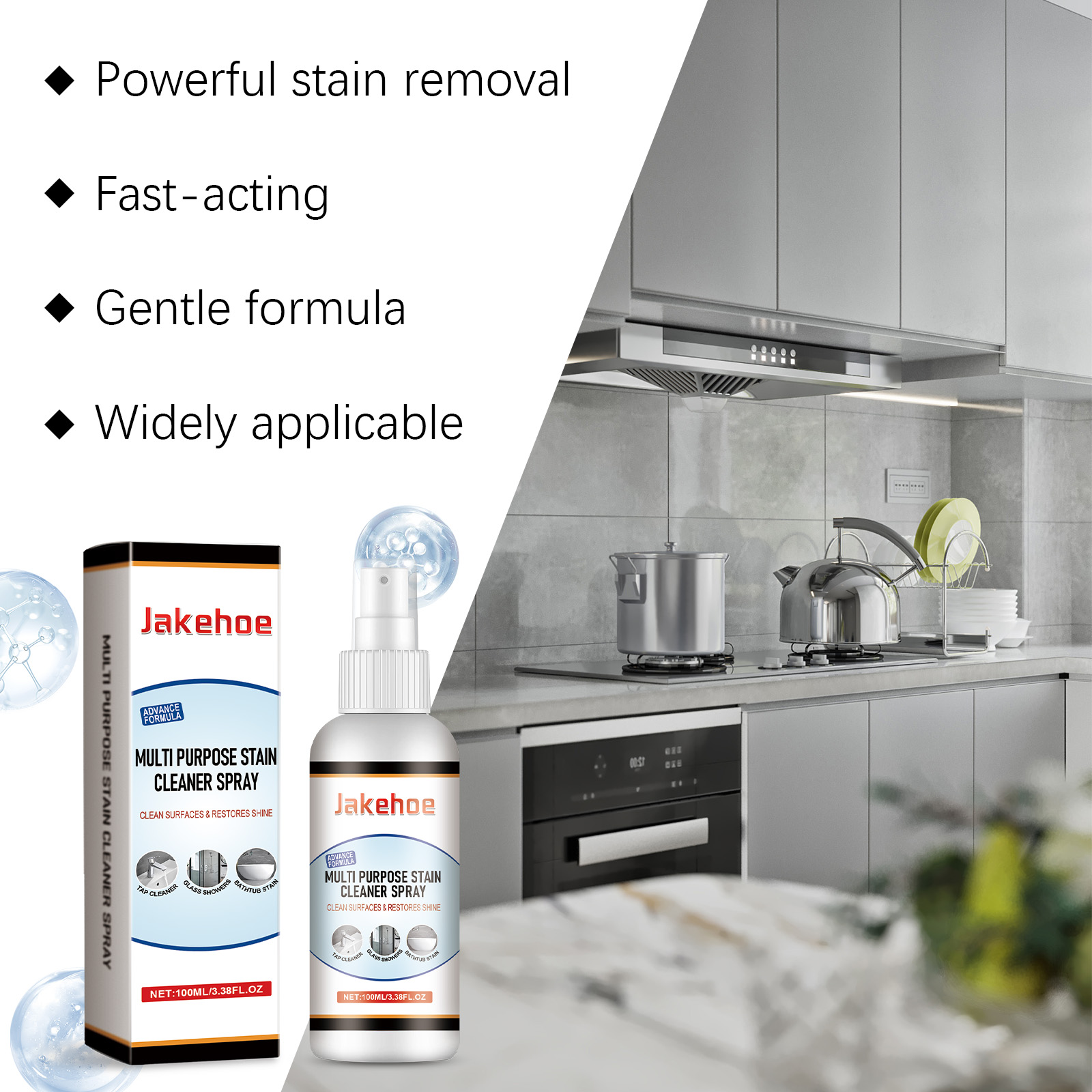Kitchen scene with sparkling clean countertop and the spray bottle, demonstrating powerful grease-cutting action