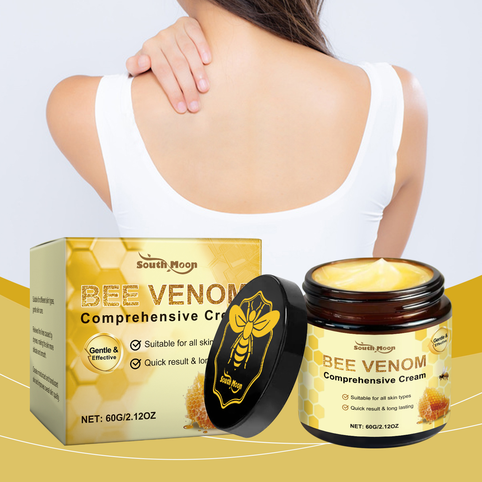 Bee venom moisturizer jar beside radiant-looking skin