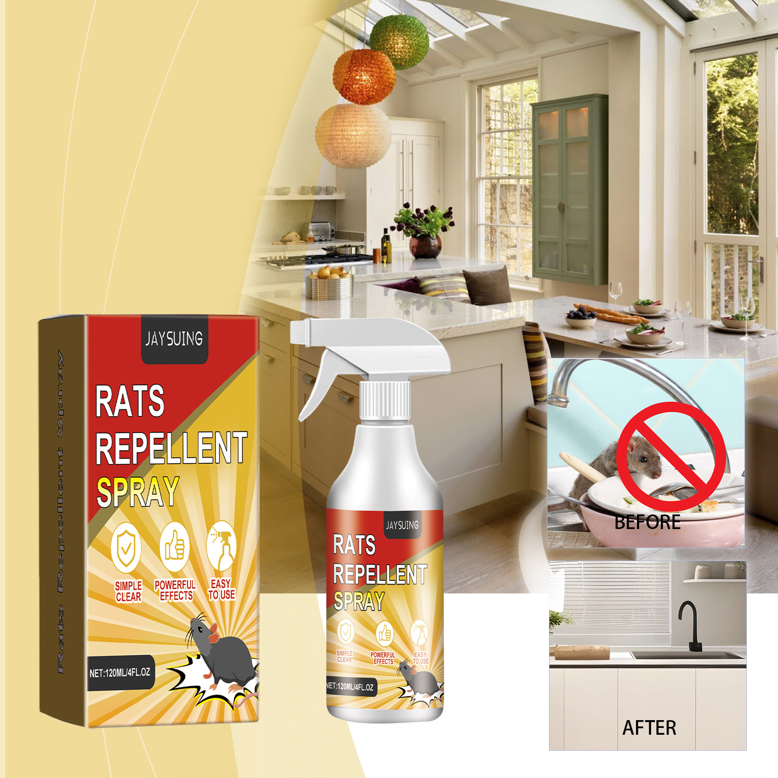 Rat repellent spray shown in a bright home kitchen