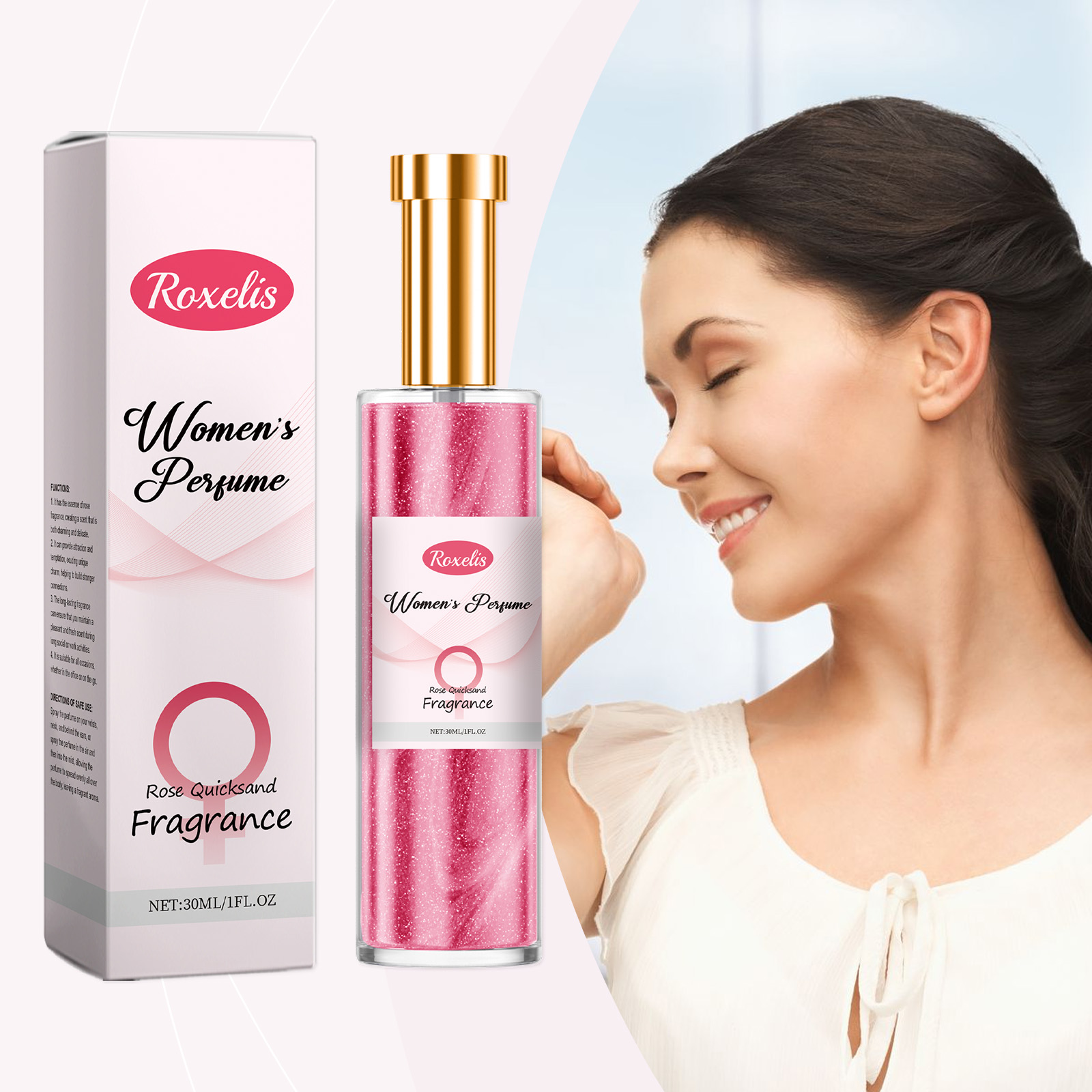 Woman holding sparkling pink perfume for daily wear