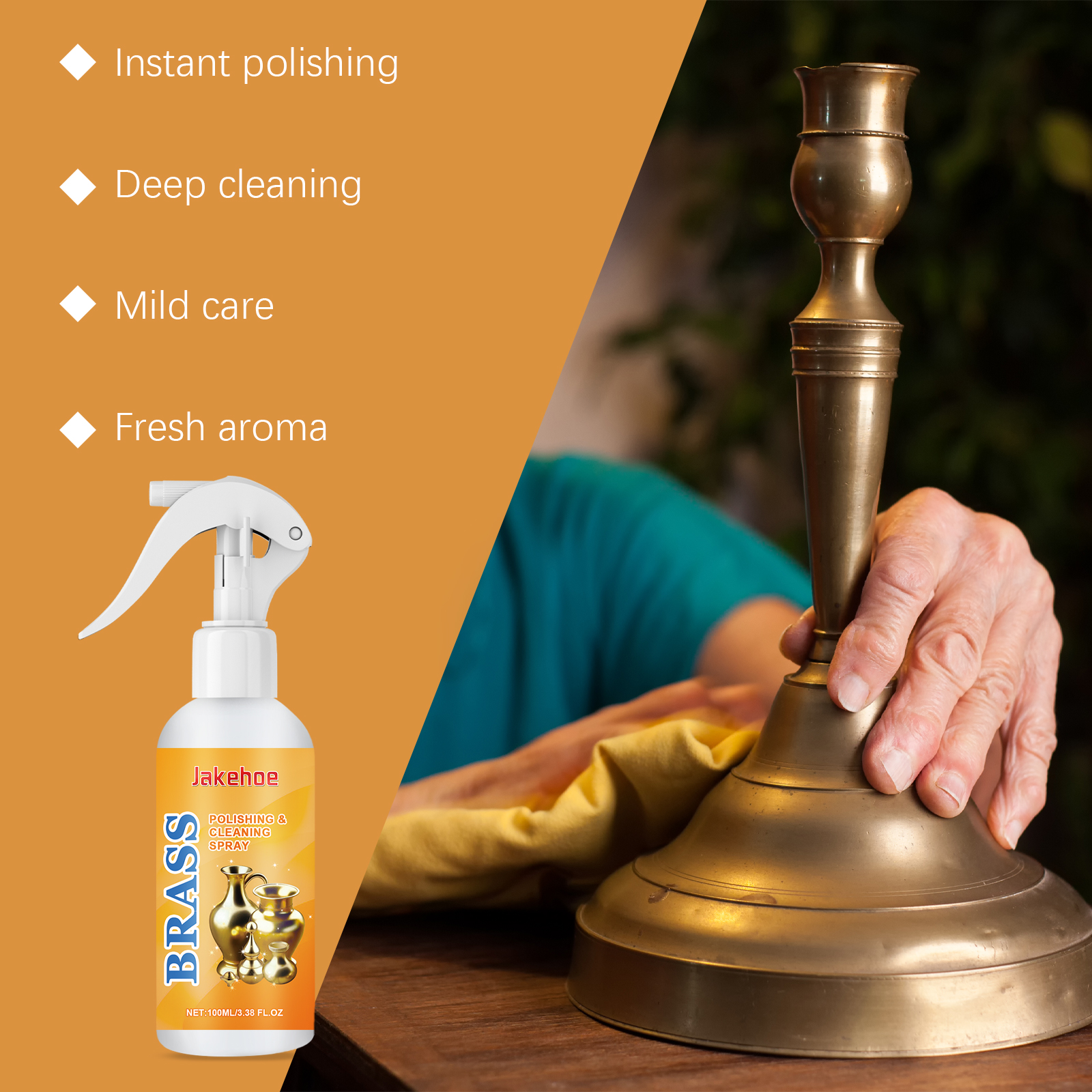 Lifestyle image of beautifully polished brass candlestick with product bottle and bright kitchen background
