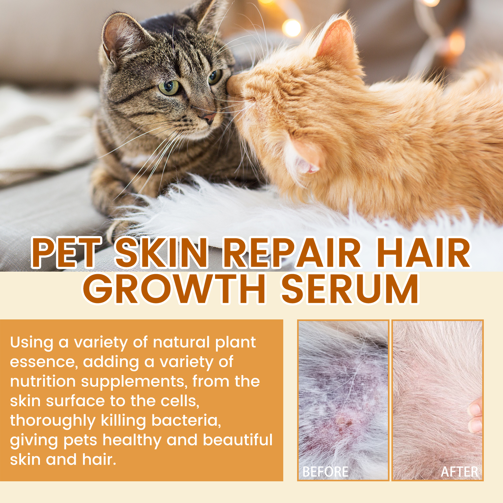 Natural plant essence serum beside cats and skin panels
