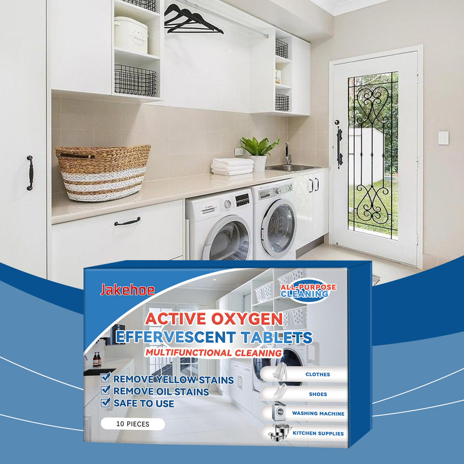 Laundry room with washing machines and organized shelves, suggesting a simple drop-and-go cleaning routine