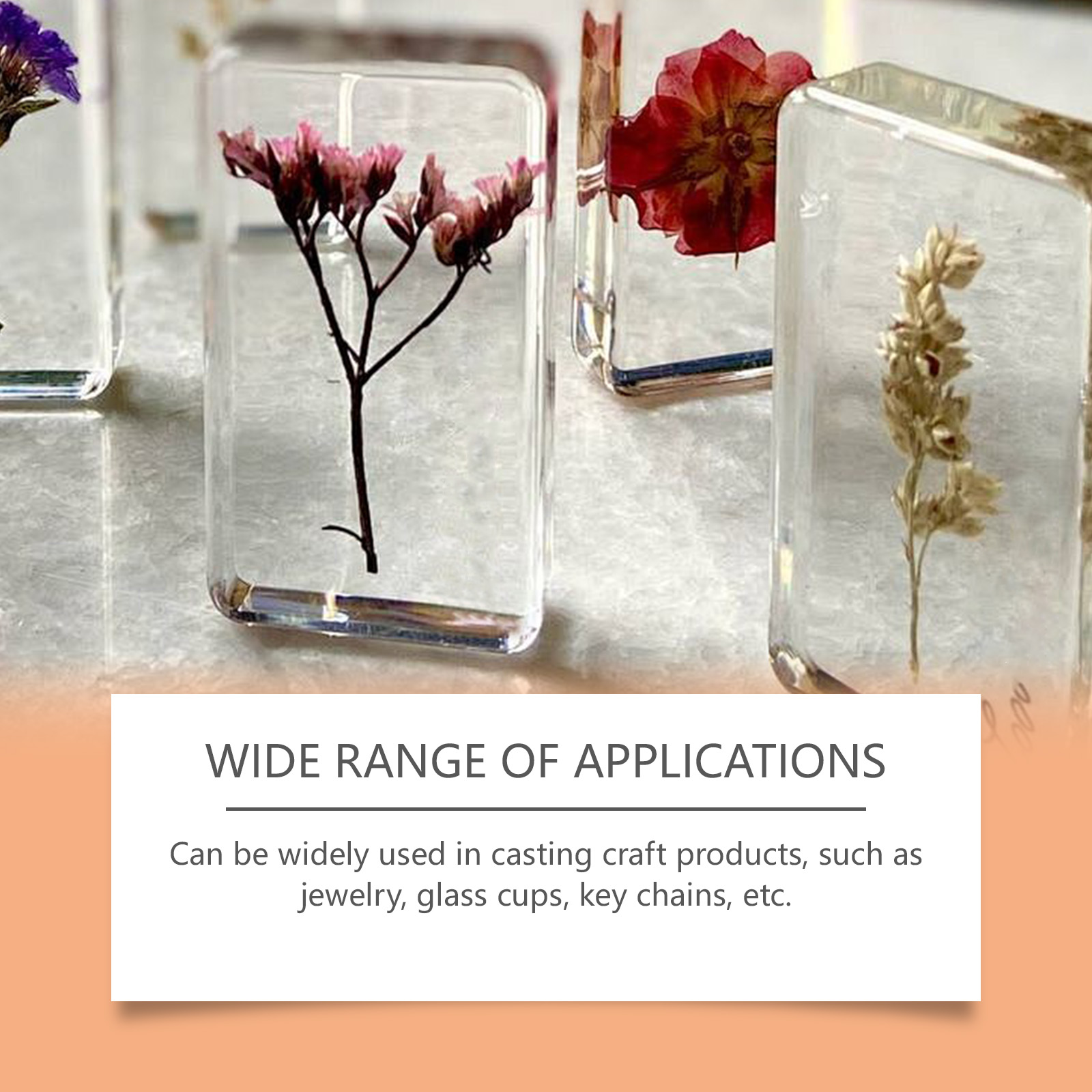 Transparent resin blocks preserving dried flowers inside