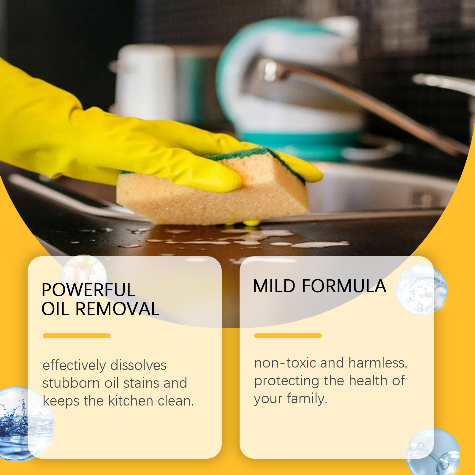 Close-up of greasy stovetop being wiped with spray and sponge
