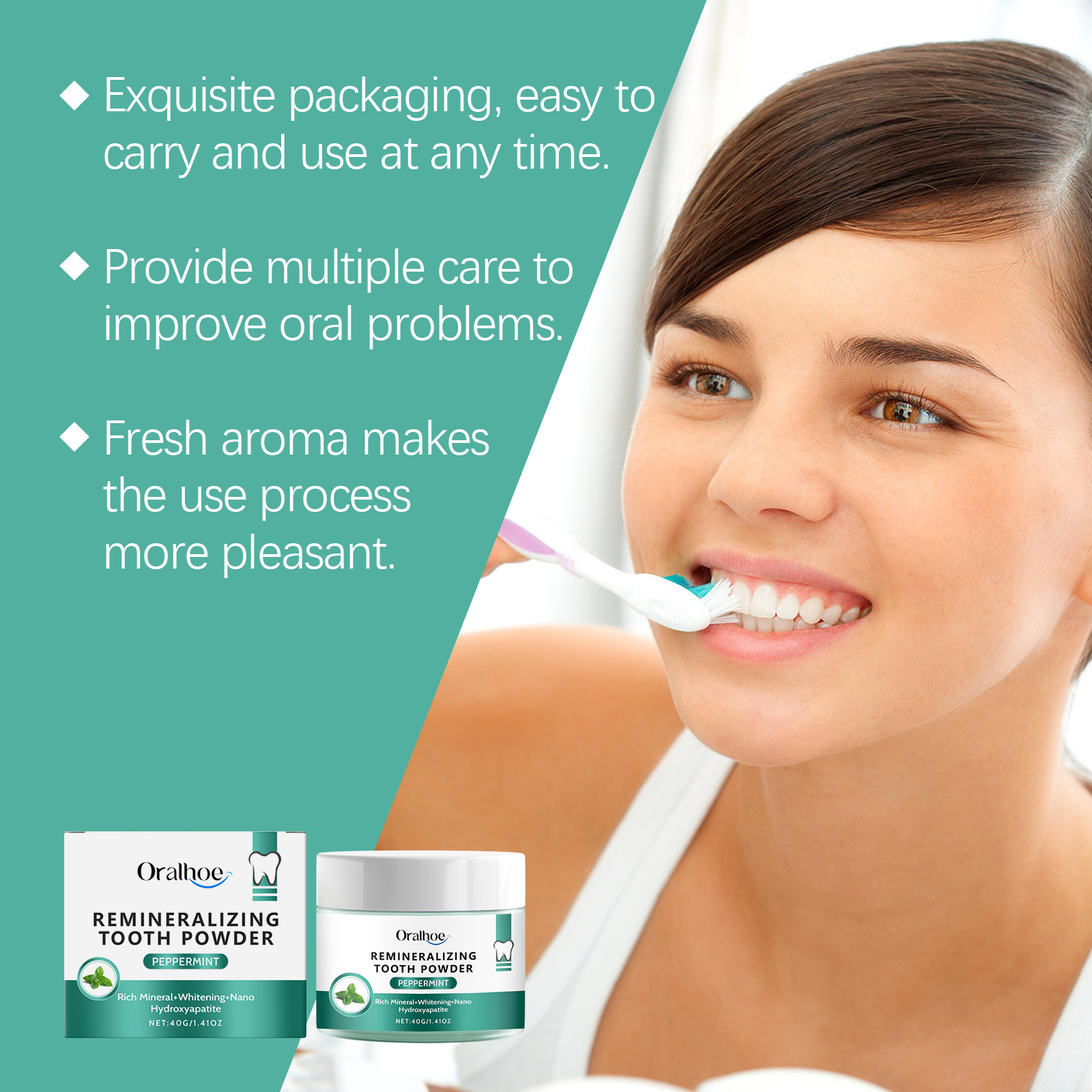 Woman brushing teeth with peppermint tooth powder nearby