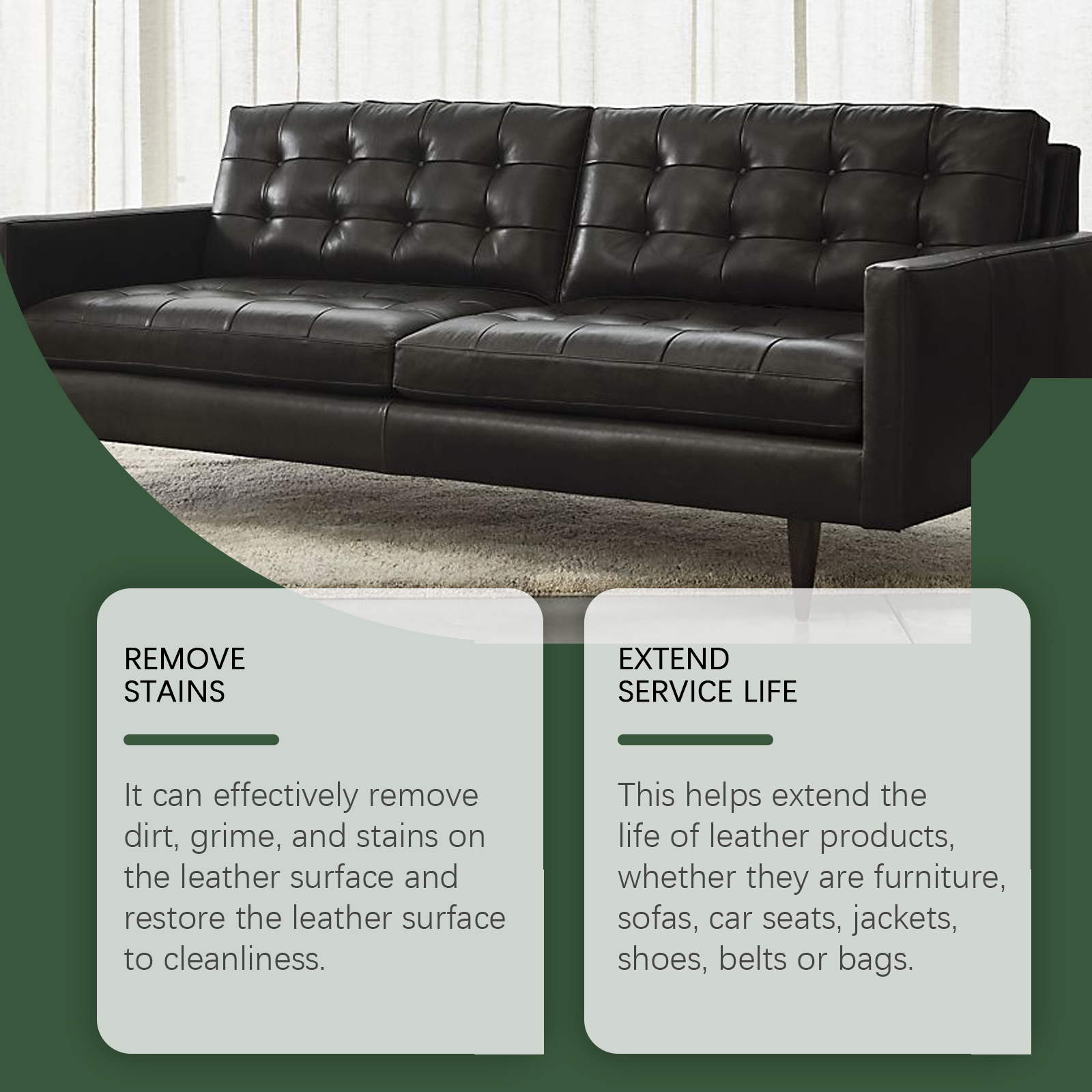 Leather sofa with stain removal and care messaging