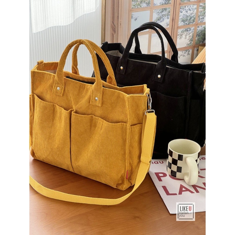 Autumn Winter Multi-Pocket Thick Corduroy Simple Commuter Tote Student Leisure Literary Handbag