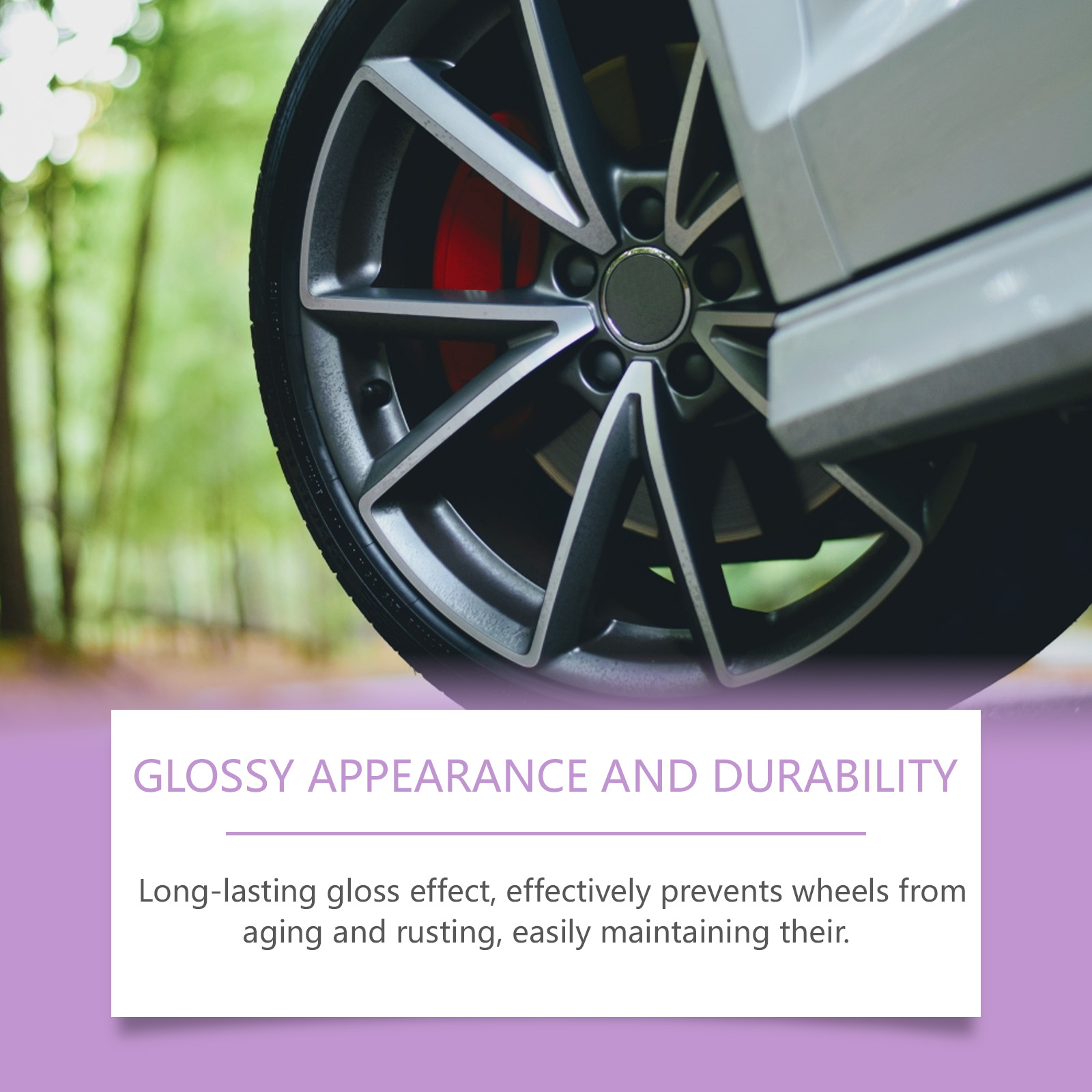 Glossy alloy wheel on white vehicle outdoors
