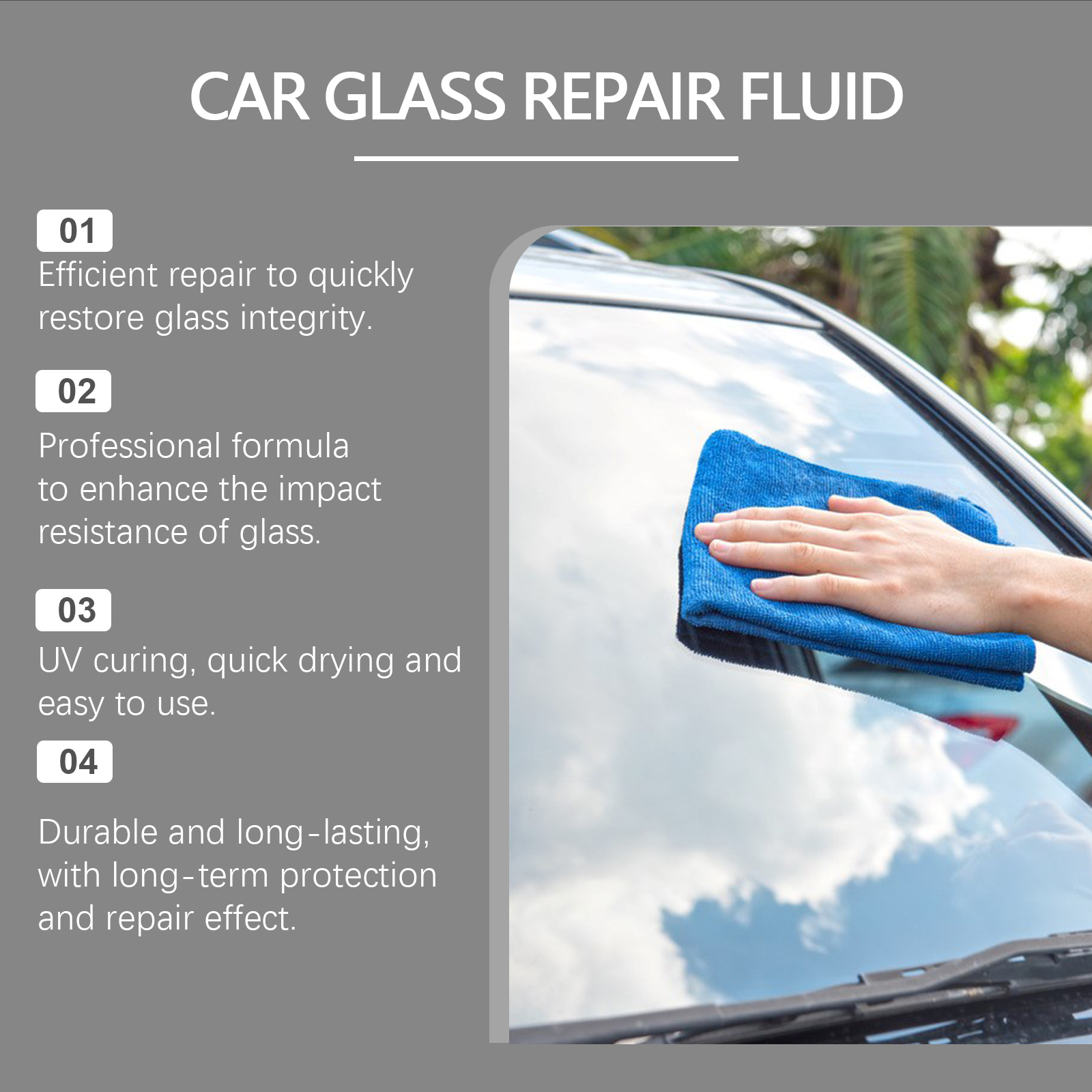 Windshield cleaning step beside glass repair product