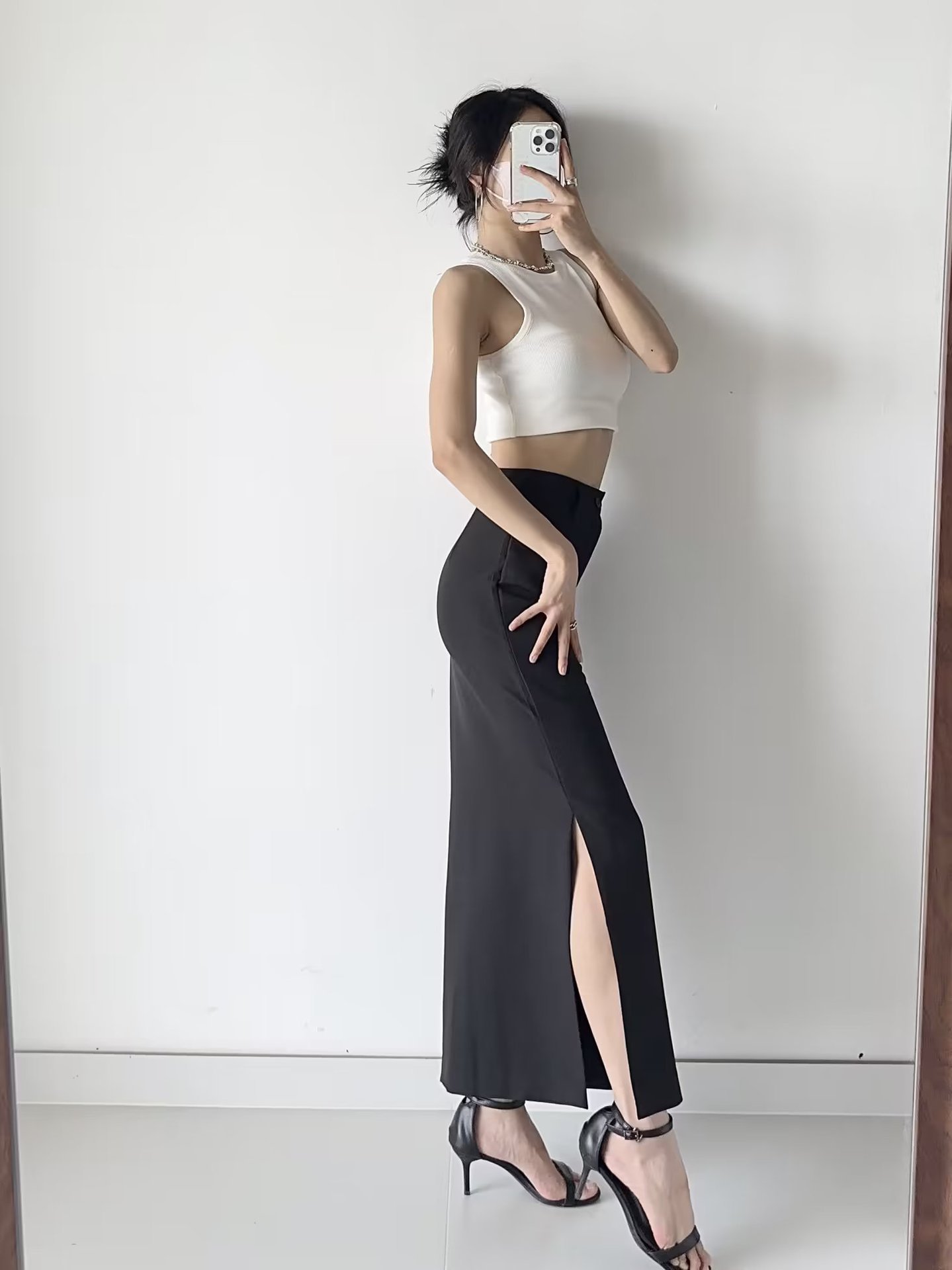Split knee length long skirt 13374860B193489BD2B19C8D500C3FFF