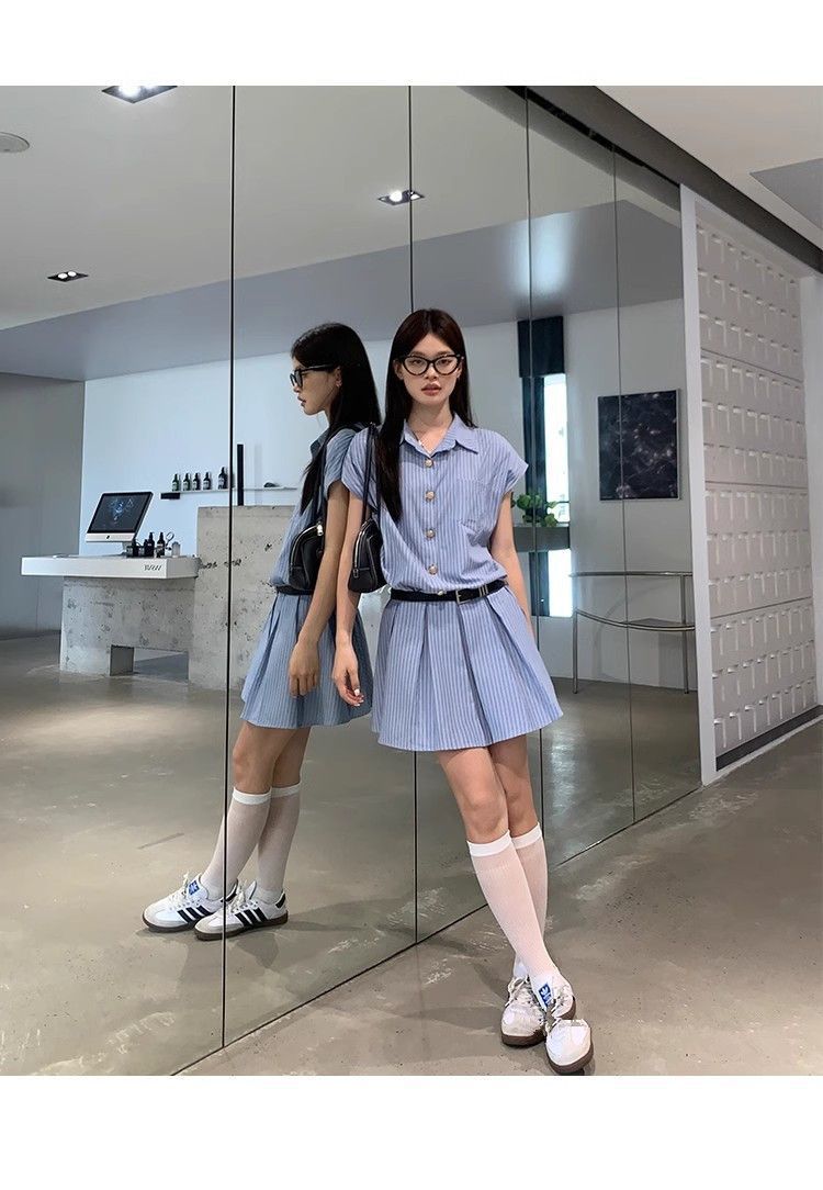 商品详情图_蓝条纹翻领衬衫连衣裙女夏季2025新款学院风气质