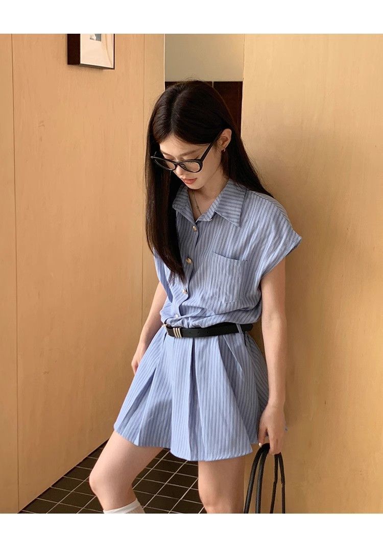 商品详情图_蓝条纹翻领衬衫连衣裙女夏季2025新款学院风气质