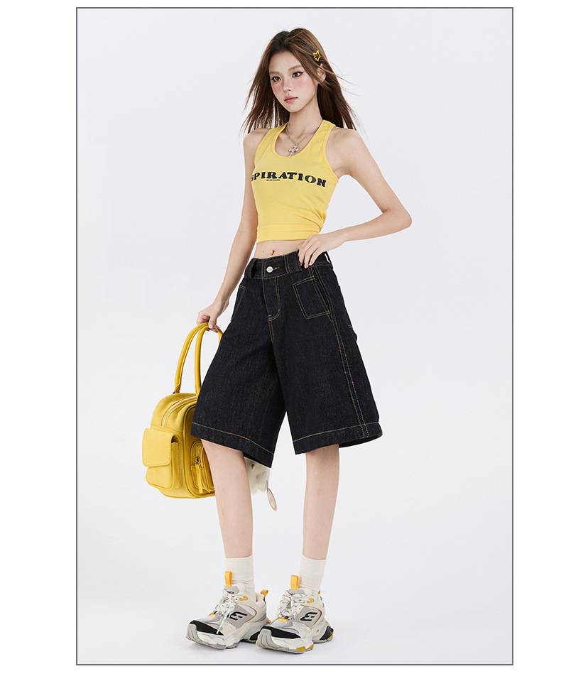 Color-blocked Denim Pants for Women Casual Loose Straight Leg Capri Pants 24C50C95F7AF7FBFF514292DB07D9D8B