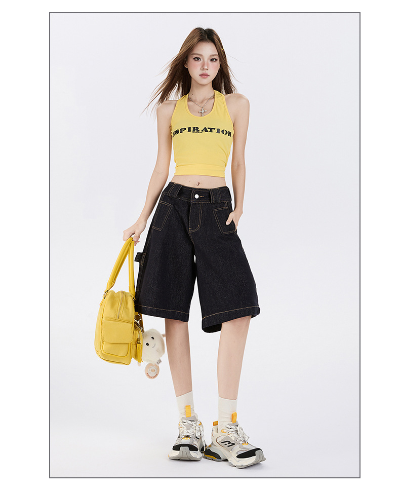 Color-blocked Denim Pants for Women Casual Loose Straight Leg Capri Pants 2A83FC7AEAACBD285F522E6544A19A47