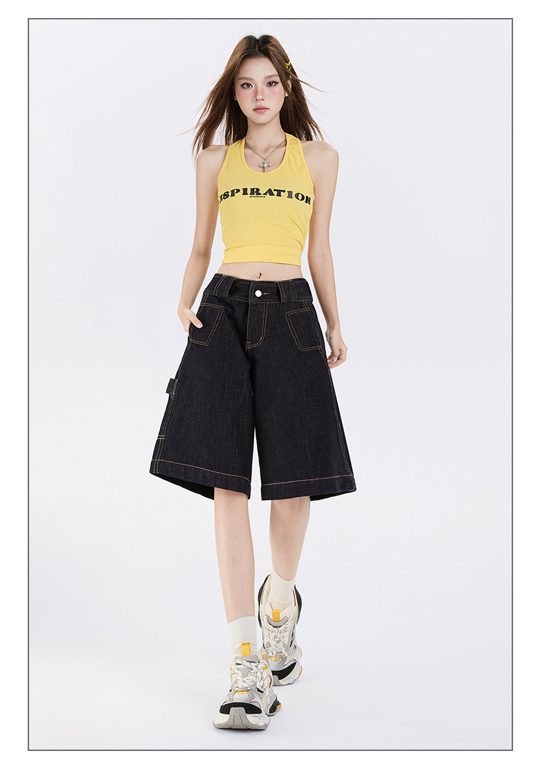 Color-blocked Denim Pants for Women Casual Loose Straight Leg Capri Pants 411A569240FF8C80145B21069DC99ECC